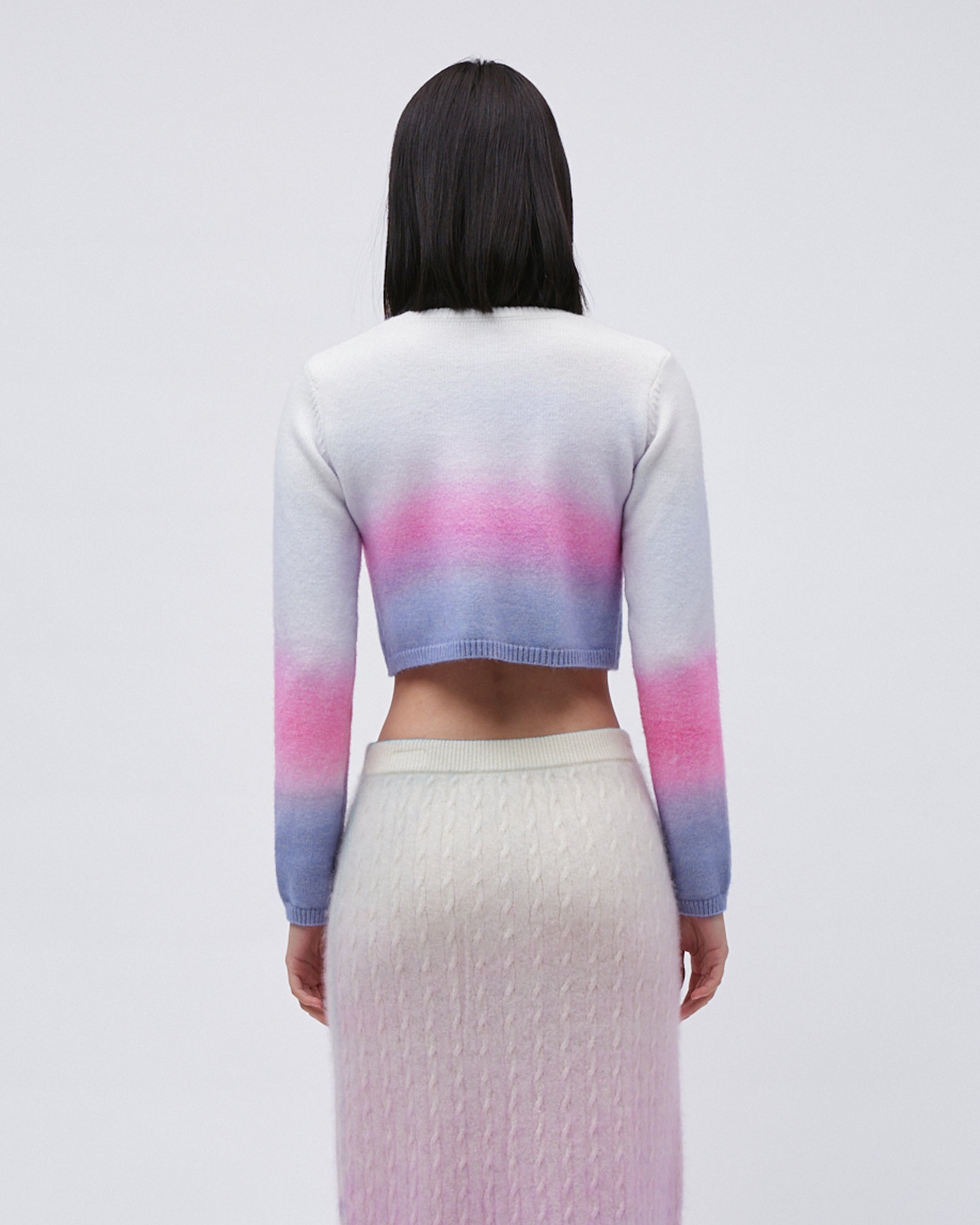 WOMENS KNITTED TOP JUMPER SWEATER GRADIENT COLOUR LONG SLEEVE CROP TOP WITH FRONT BUTTONS AND BEADED BOWS PINK WHITE AND BLUE