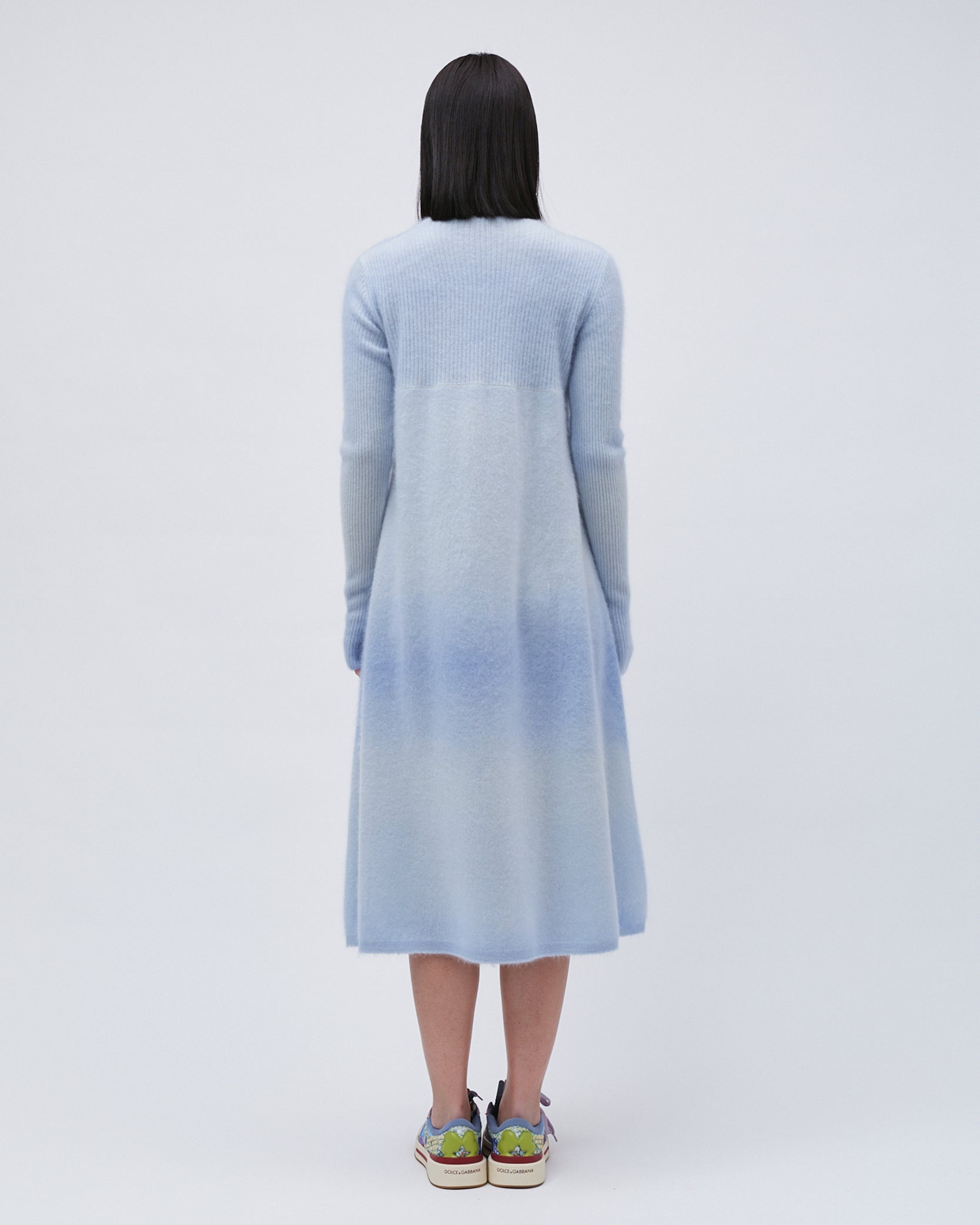 WOMENS KNIT CASHMERE DRESS GRADIENT BLUE LONG SLEEVE FRONT BUTTONS