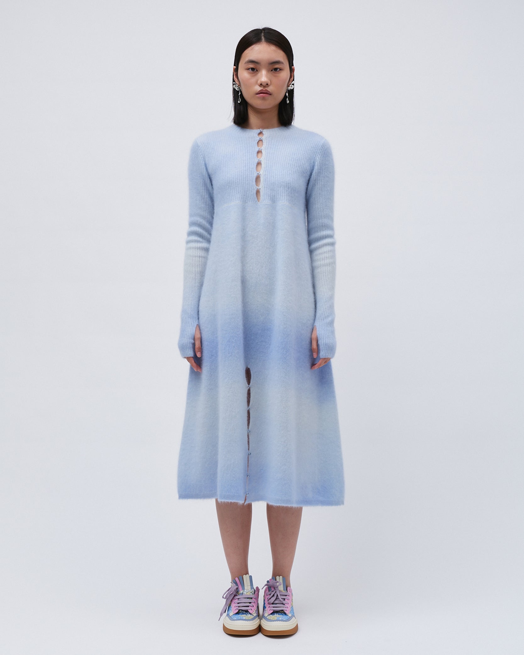 WOMENS KNIT CASHMERE DRESS GRADIENT BLUE LONG SLEEVE FRONT BUTTONS