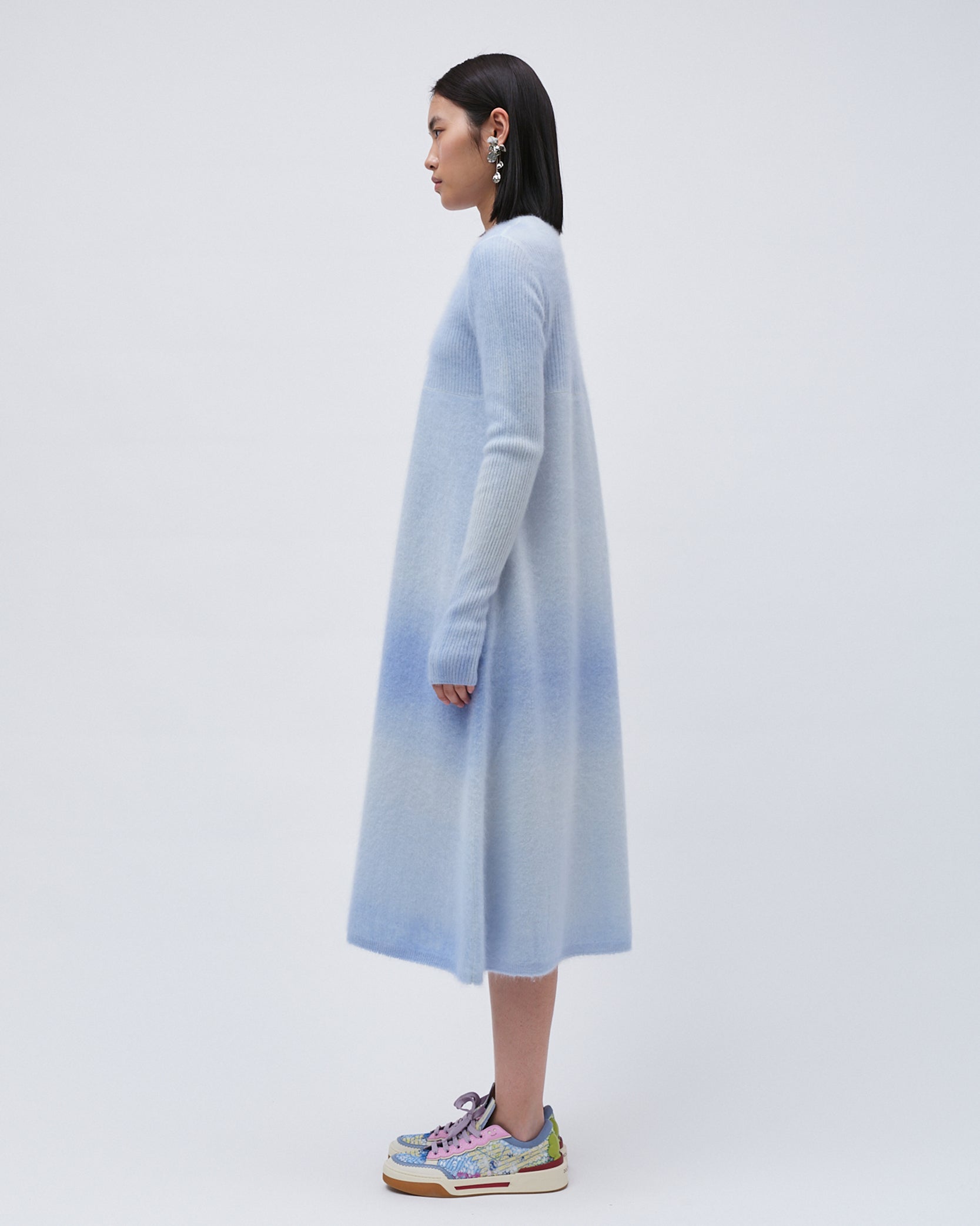 WOMENS KNIT CASHMERE DRESS GRADIENT BLUE LONG SLEEVE FRONT BUTTONS