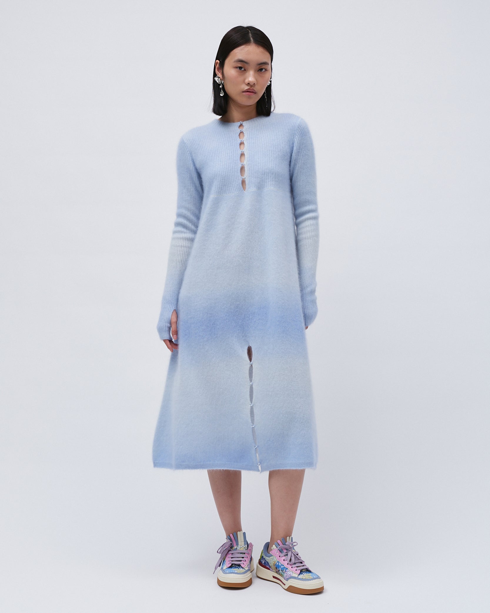 WOMENS KNIT CASHMERE DRESS GRADIENT BLUE LONG SLEEVE FRONT BUTTONS