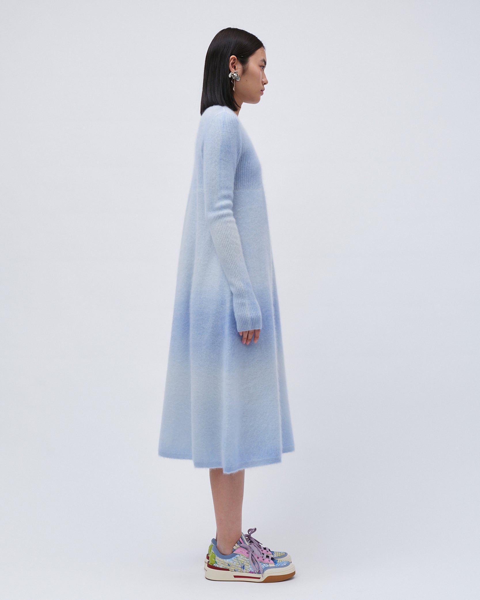 WOMENS KNIT CASHMERE DRESS GRADIENT BLUE LONG SLEEVE FRONT BUTTONS