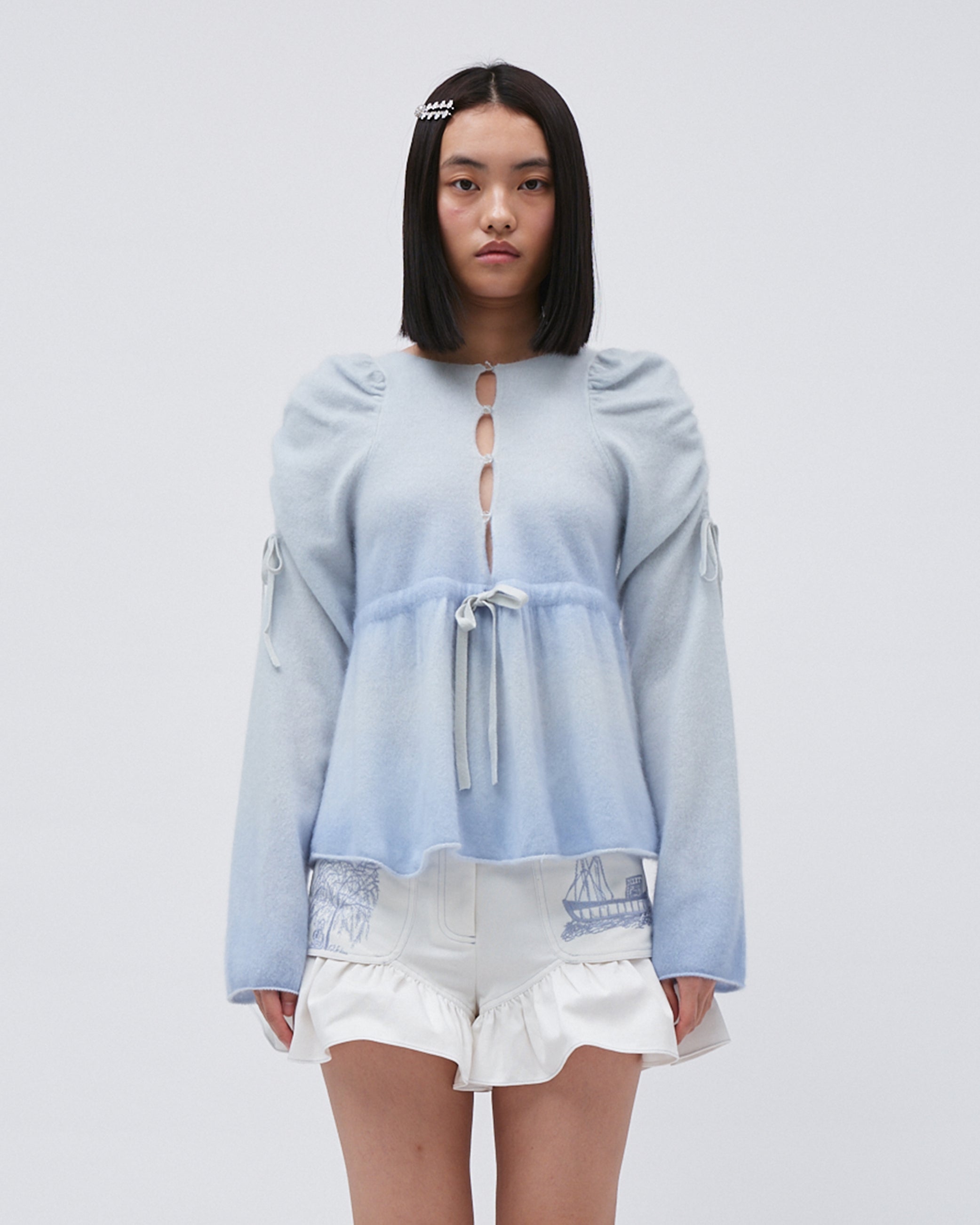 WOMENS KNIT GRADIENT CASMERE JUMPER SWEATER TOP WITH GATHERED PUFF SLEEVES AND BOW TIES AT WAIST SOFT BLUE