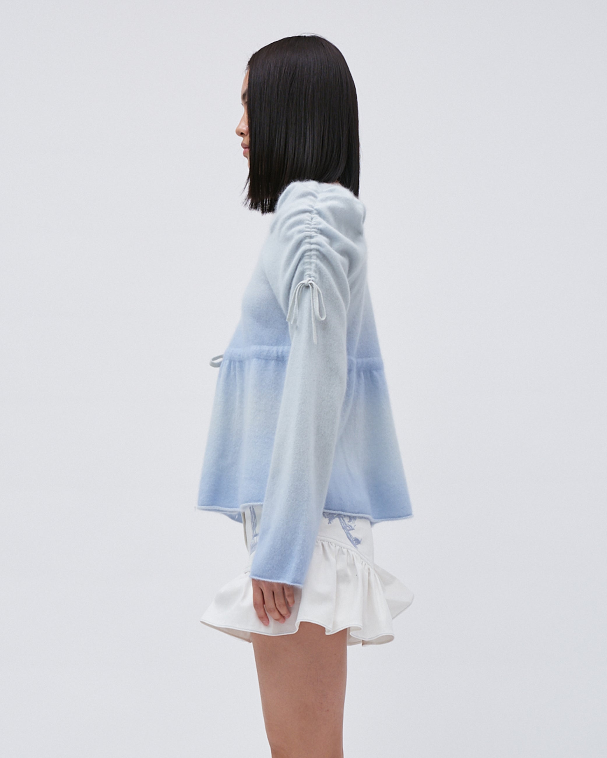 WOMENS KNIT GRADIENT CASMERE JUMPER SWEATER TOP WITH GATHERED PUFF SLEEVES AND BOW TIES AT WAIST SOFT BLUE