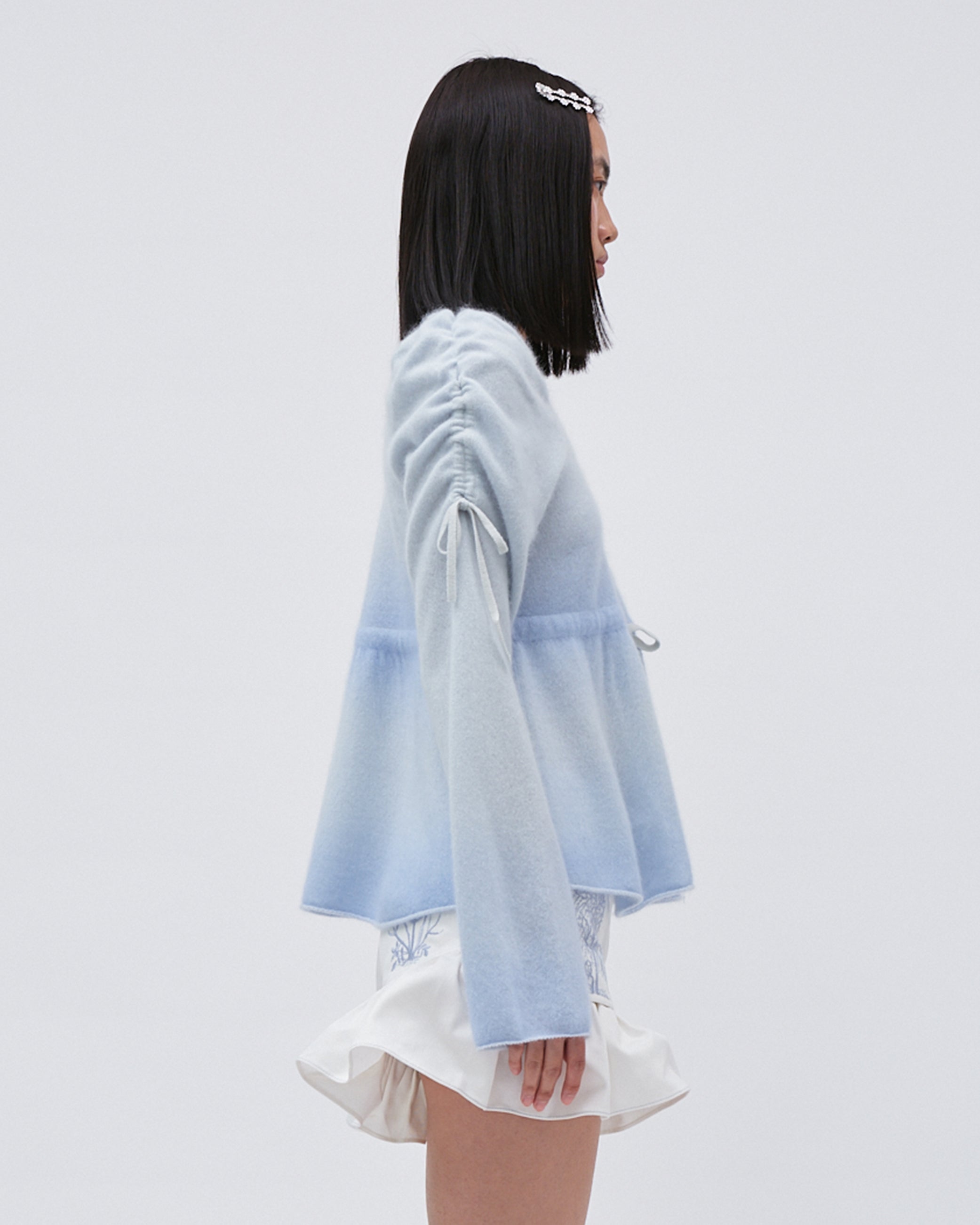WOMENS KNIT GRADIENT CASMERE JUMPER SWEATER TOP WITH GATHERED PUFF SLEEVES AND BOW TIES AT WAIST SOFT BLUE