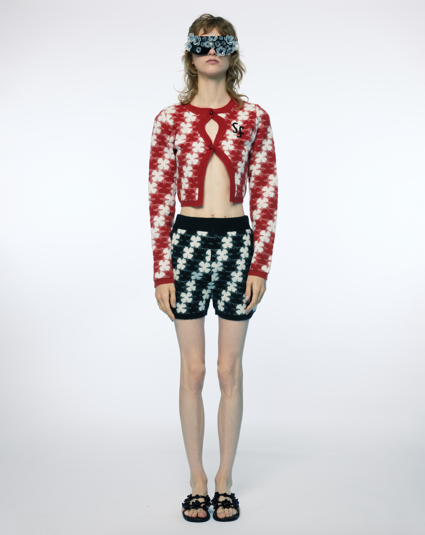 WOMEN RED AND WHITE LONG SLEEVE HEART CLOVER KNIT SWEATER CARDIGAN WITH CROCHET MONOGRAM