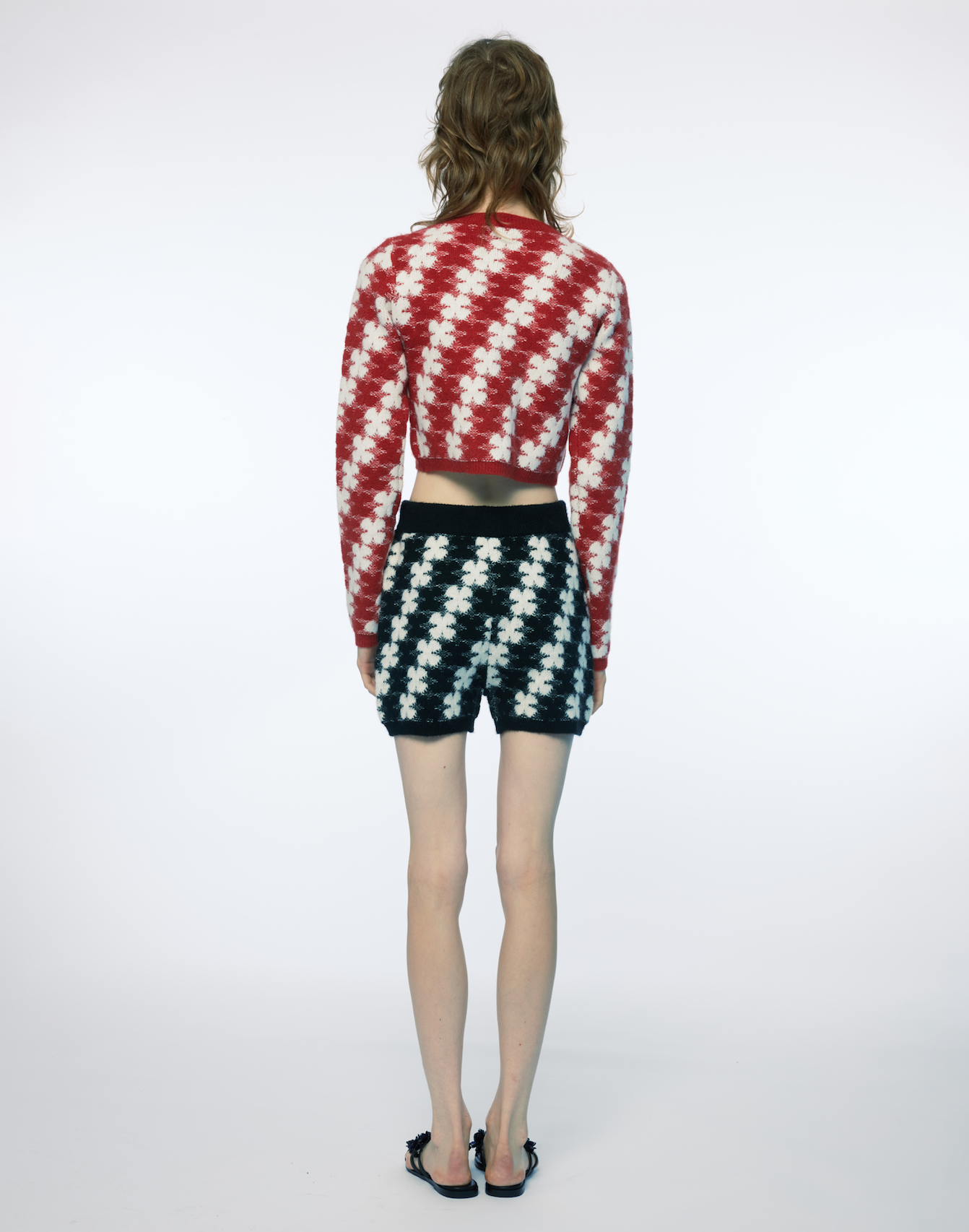 WOMEN RED AND WHITE LONG SLEEVE HEART CLOVER KNIT SWEATER CARDIGAN WITH CROCHET MONOGRAM