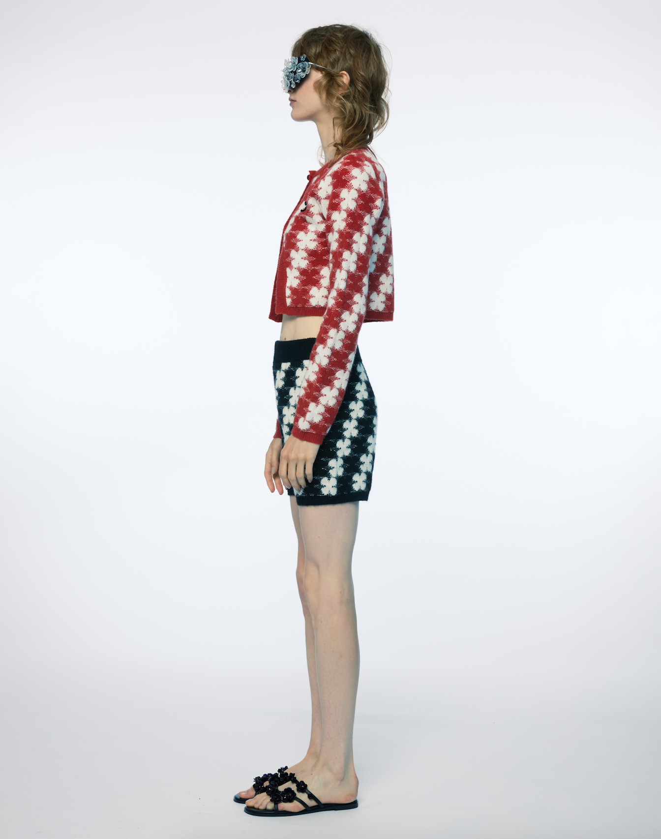 WOMEN RED AND WHITE LONG SLEEVE HEART CLOVER KNIT SWEATER CARDIGAN WITH CROCHET MONOGRAM