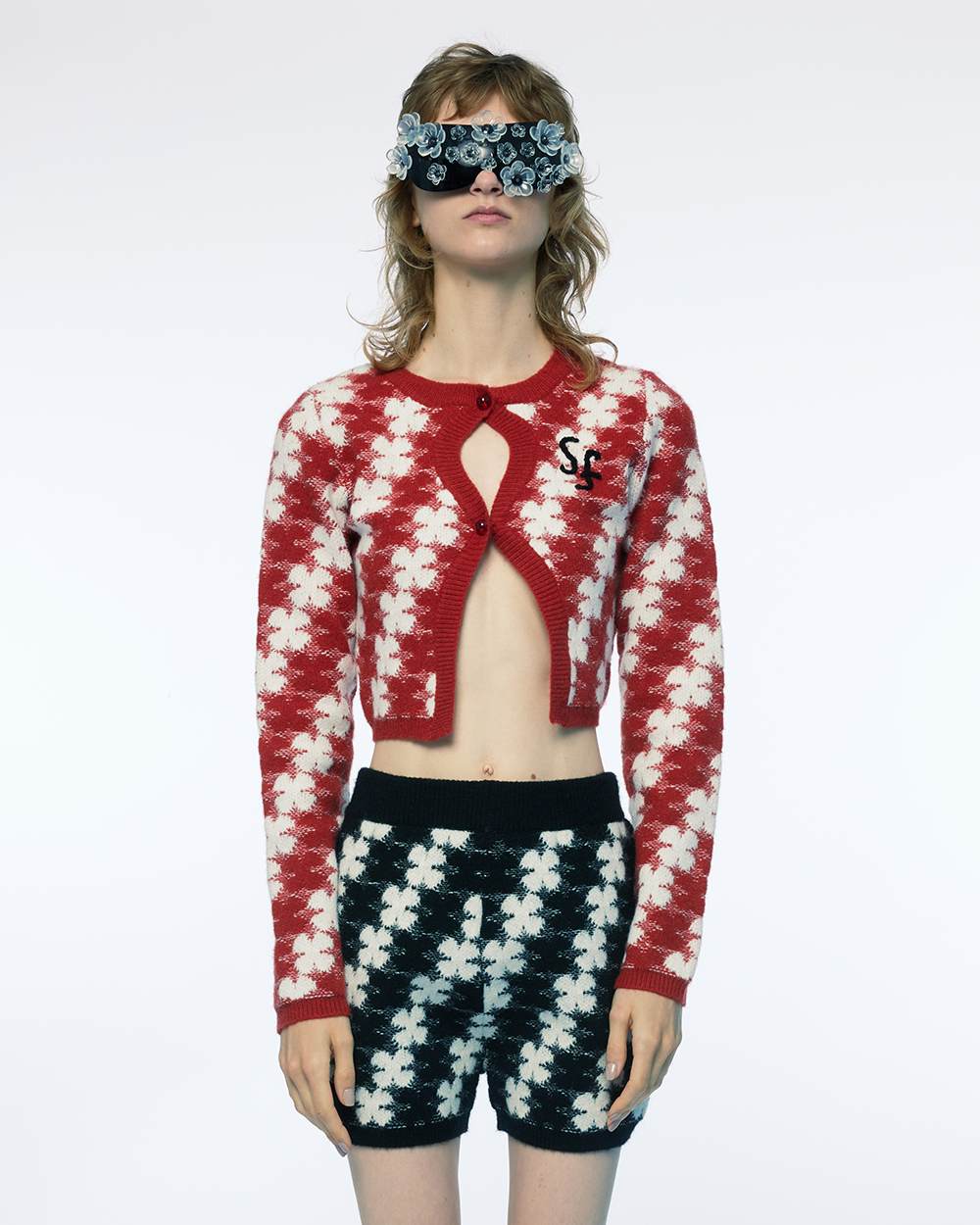 WOMEN RED AND WHITE LONG SLEEVE HEART CLOVER KNIT SWEATER CARDIGAN WITH CROCHET MONOGRAM