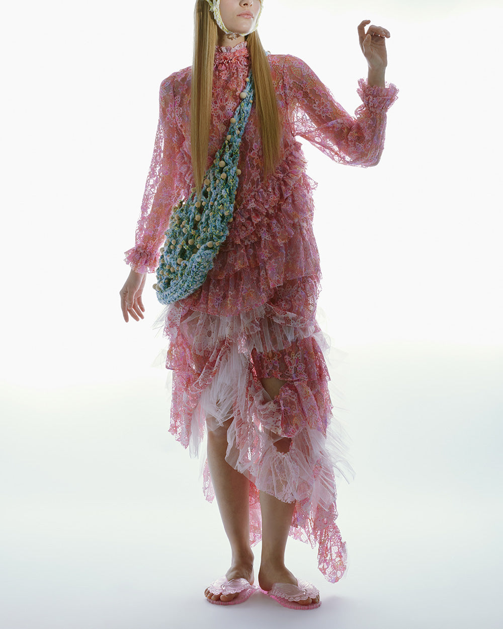 WOMEN LONG SLEEVE STYLE HIGHNECK PRINTED LACE RUFFLE DRESS PINK