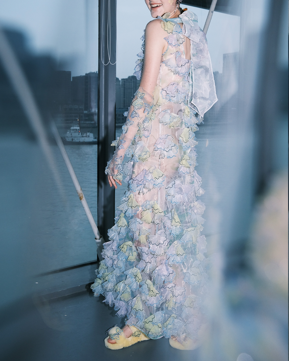 WOMEN GIRL BLUE SLEEVELESS MAXI PASTEL LASER FLOWER DRESS