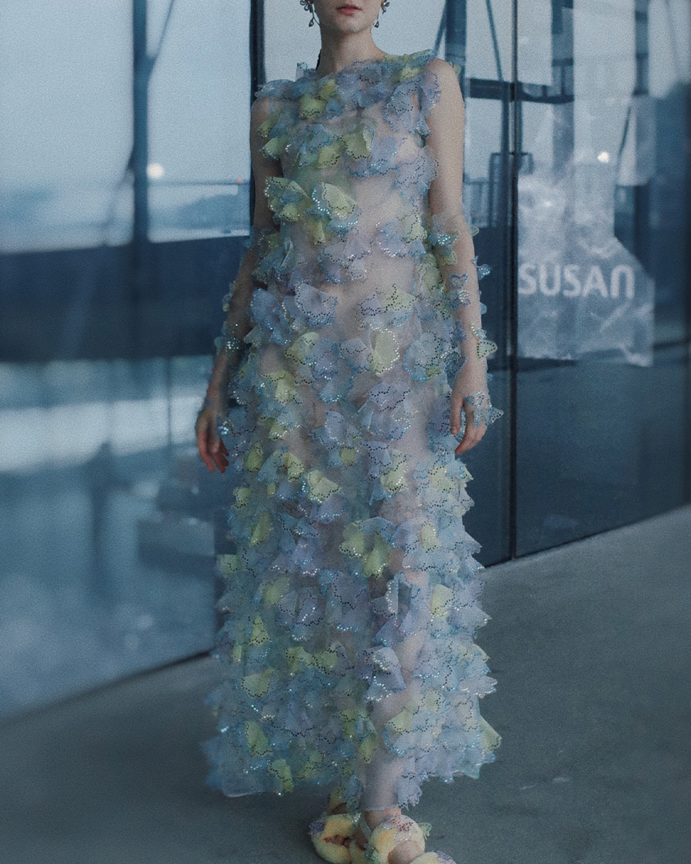 WOMEN GIRL BLUE SLEEVELESS MAXI PASTEL LASER FLOWER DRESS