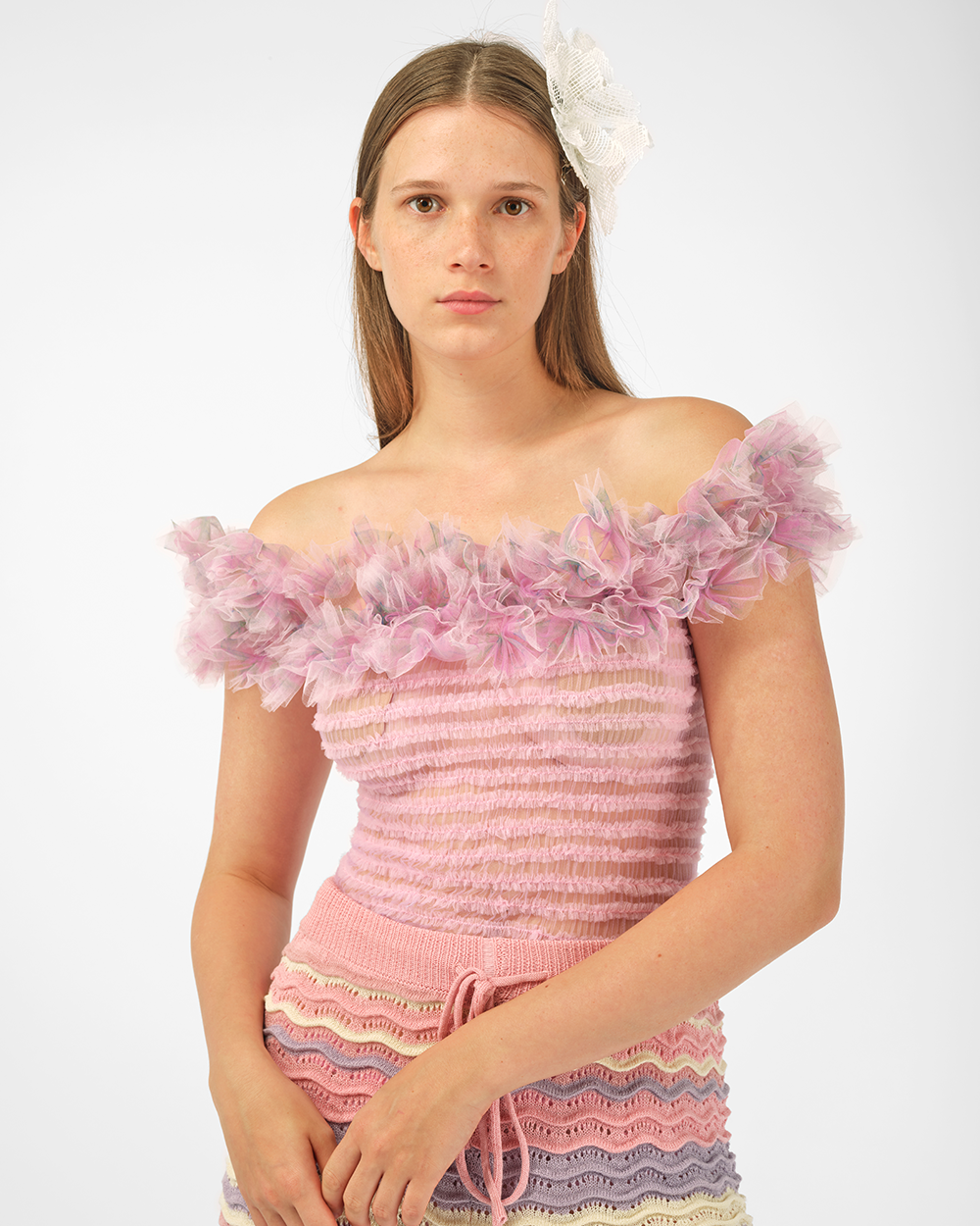 PINK WOMEN OFF-SHOULDER SHIRRED TULLE TOP