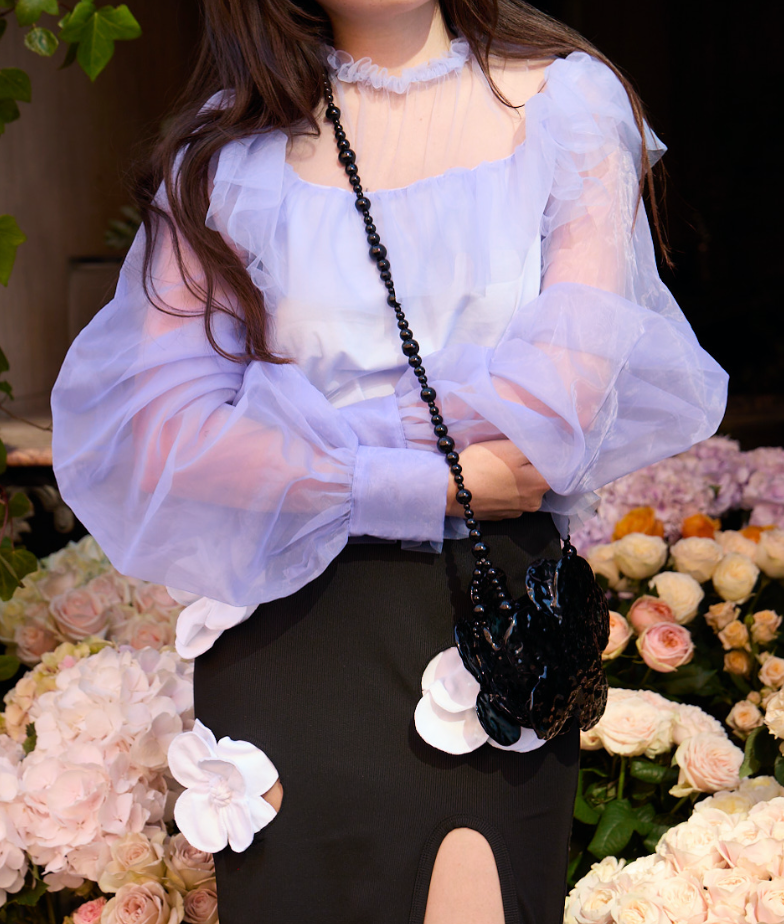TRANSPARENT ORGANZA FABRIC RUGGLES BALLON SLEEVES TOP