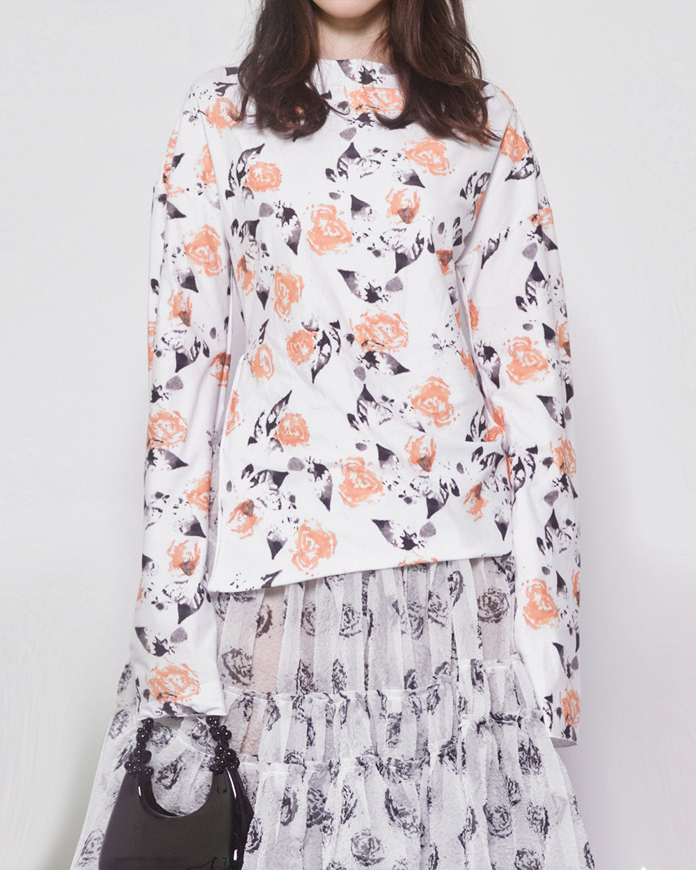 WOMEN GIRL LONG SLEEVE FLORAL WHITE PRINTED JERSEY TOP