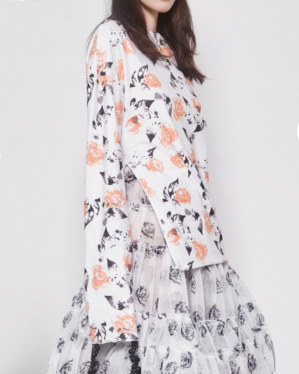 WOMEN GIRL LONG SLEEVE FLORAL WHITE PRINTED JERSEY TOP