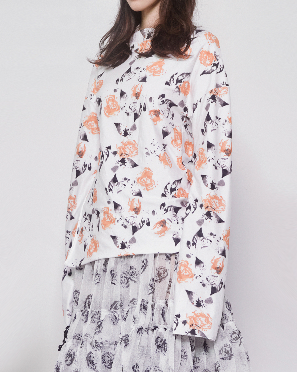 WOMEN GIRL LONG SLEEVE FLORAL WHITE PRINTED JERSEY TOP