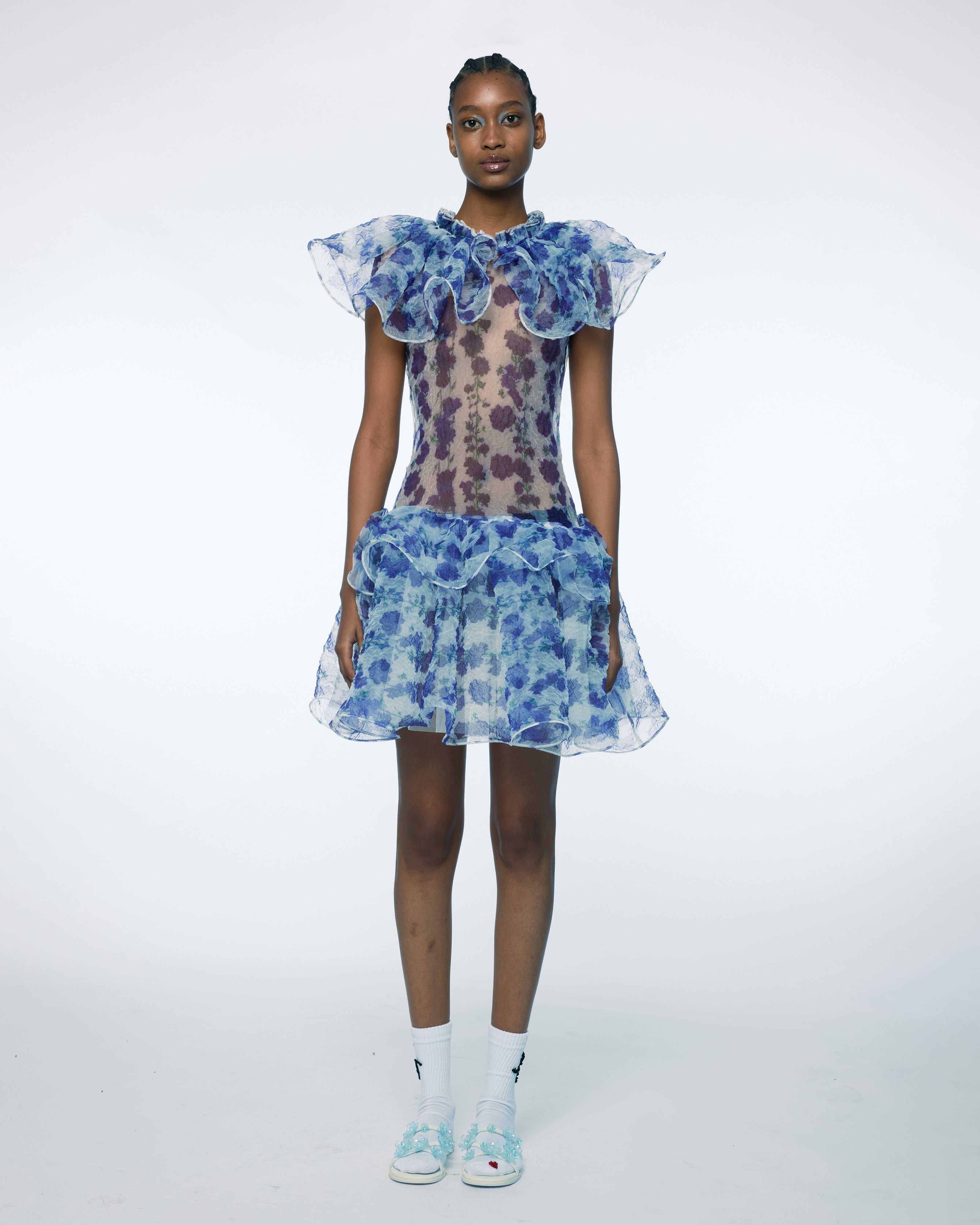 WOMEN BLUE SLEEVELESS PRINTED PEPLUM DRESS