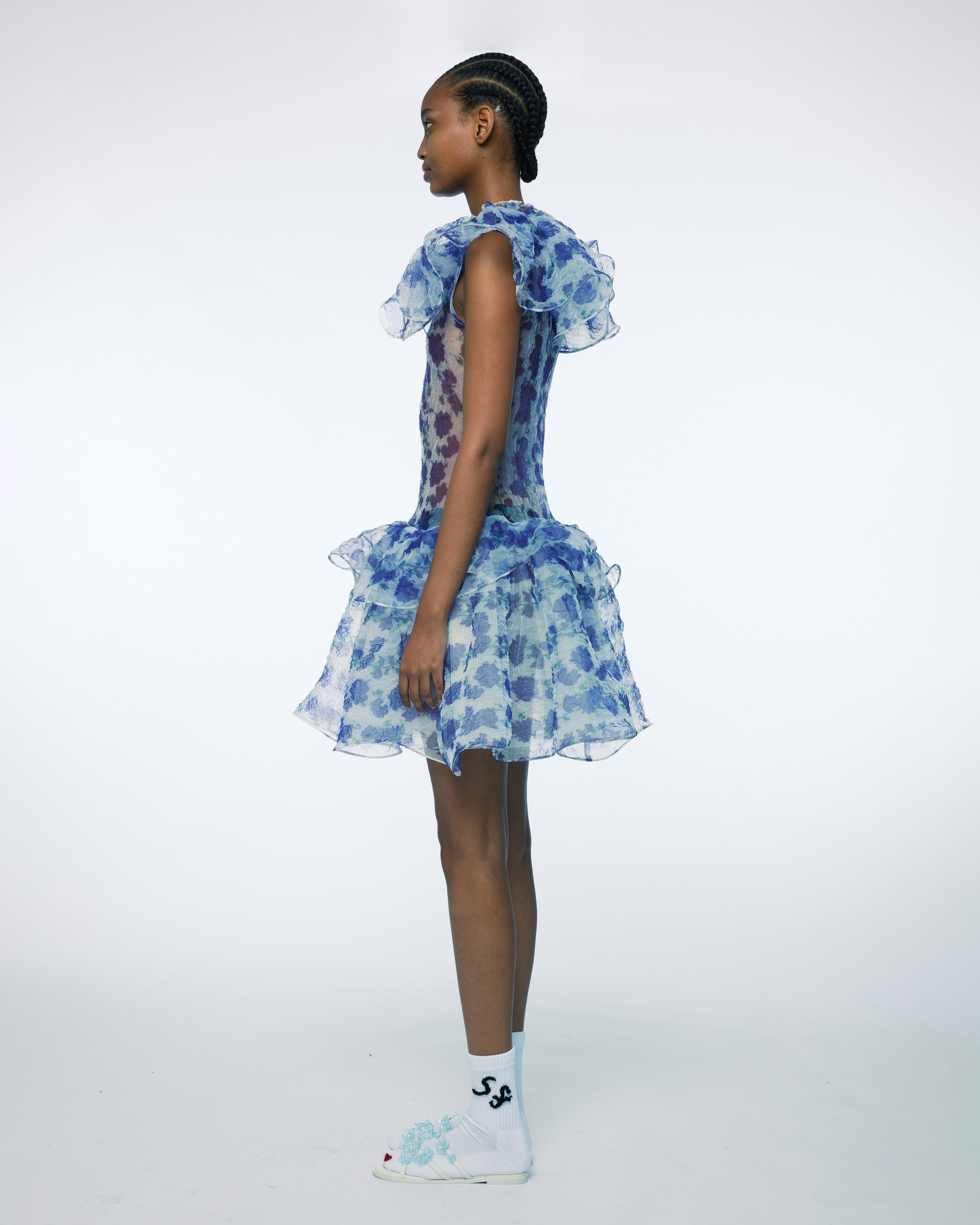 WOMEN BLUE SLEEVELESS PRINTED PEPLUM DRESS