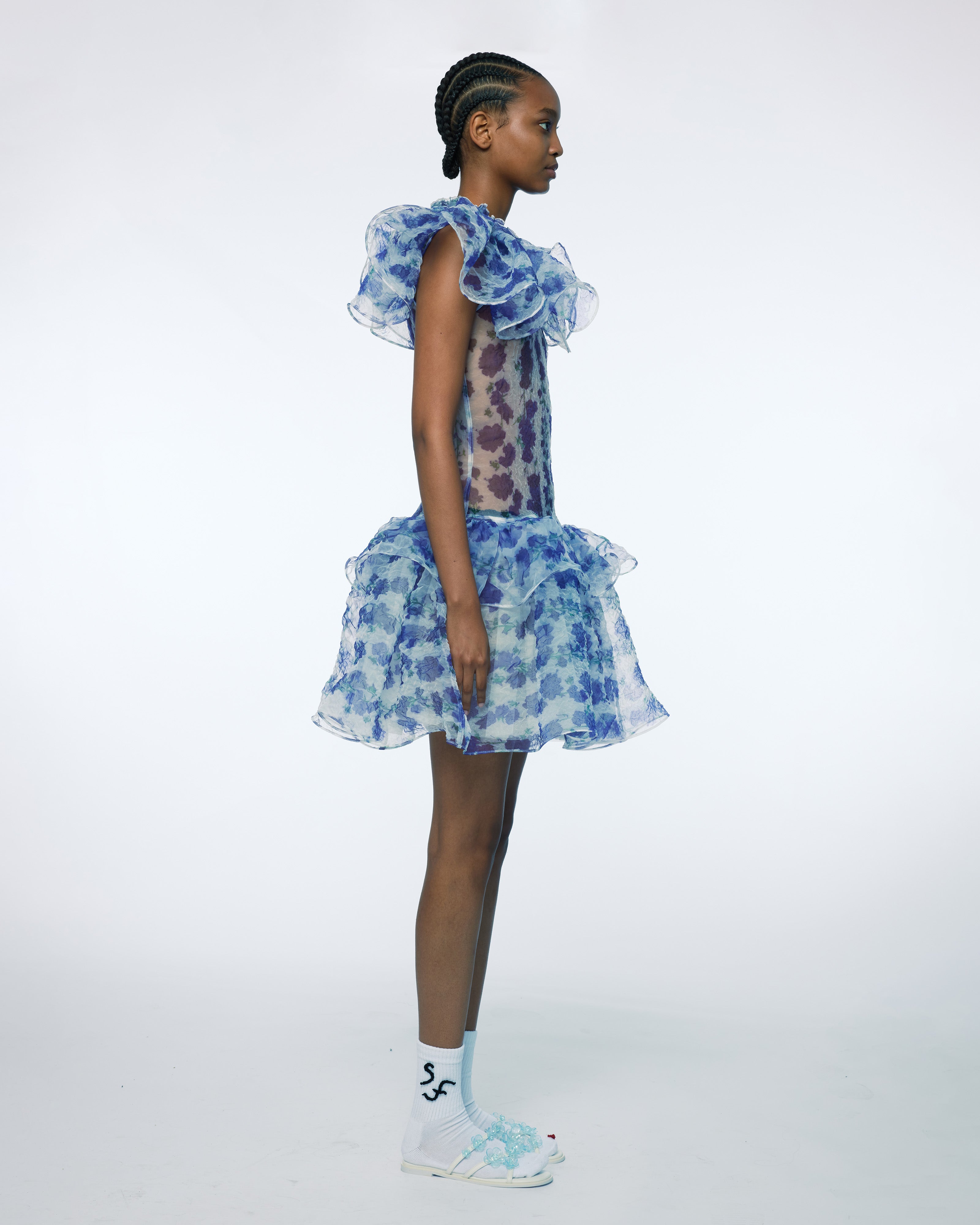 WOMEN BLUE SLEEVELESS PRINTED PEPLUM DRESS