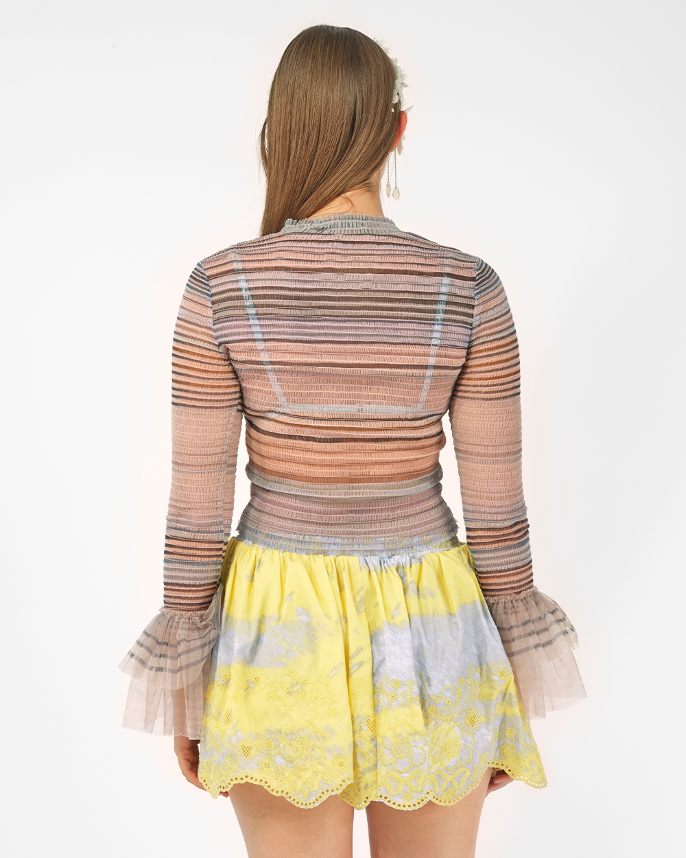 PEACH WOMEN LADY PRINTED SMOCKED LONG SLEEVE TOP
