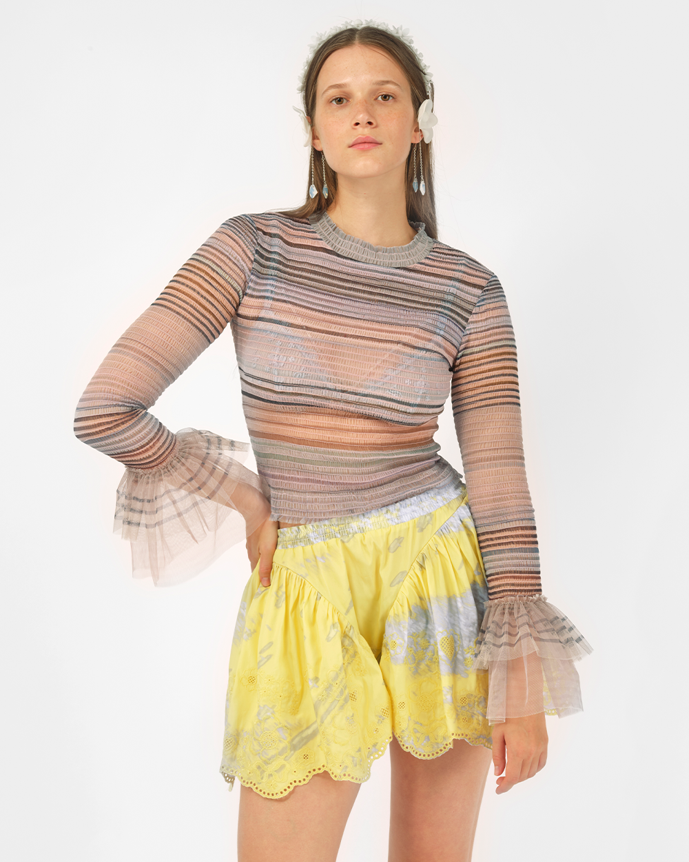 PEACH WOMEN LADY PRINTED SMOCKED LONG SLEEVE TOP