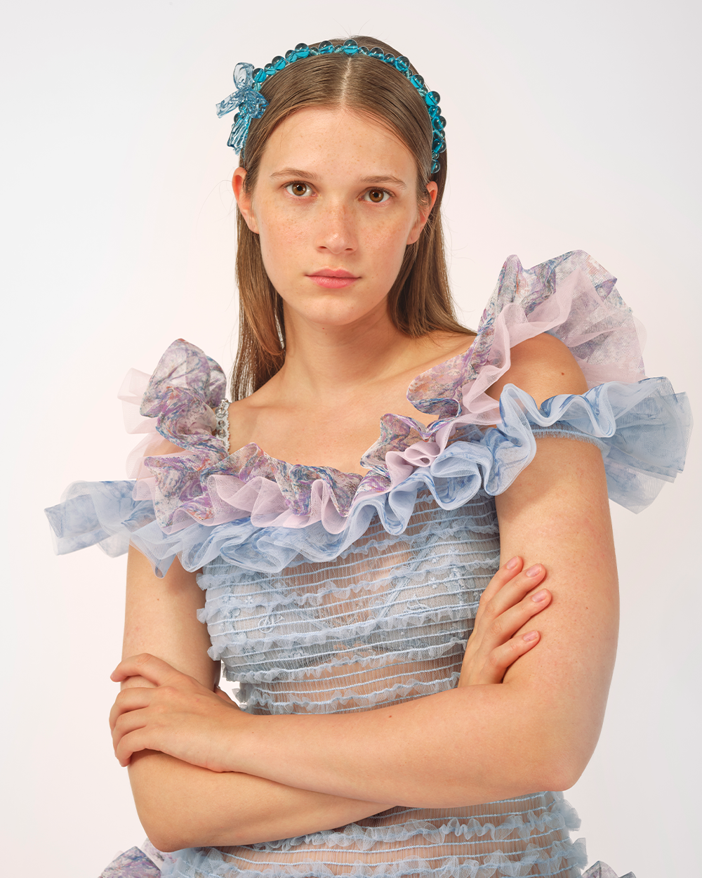 BLUE WOMEN PRINTED STRAPPY SMOCKED RUFFLE DRESS EVENING DRESSES AND HEADBAND