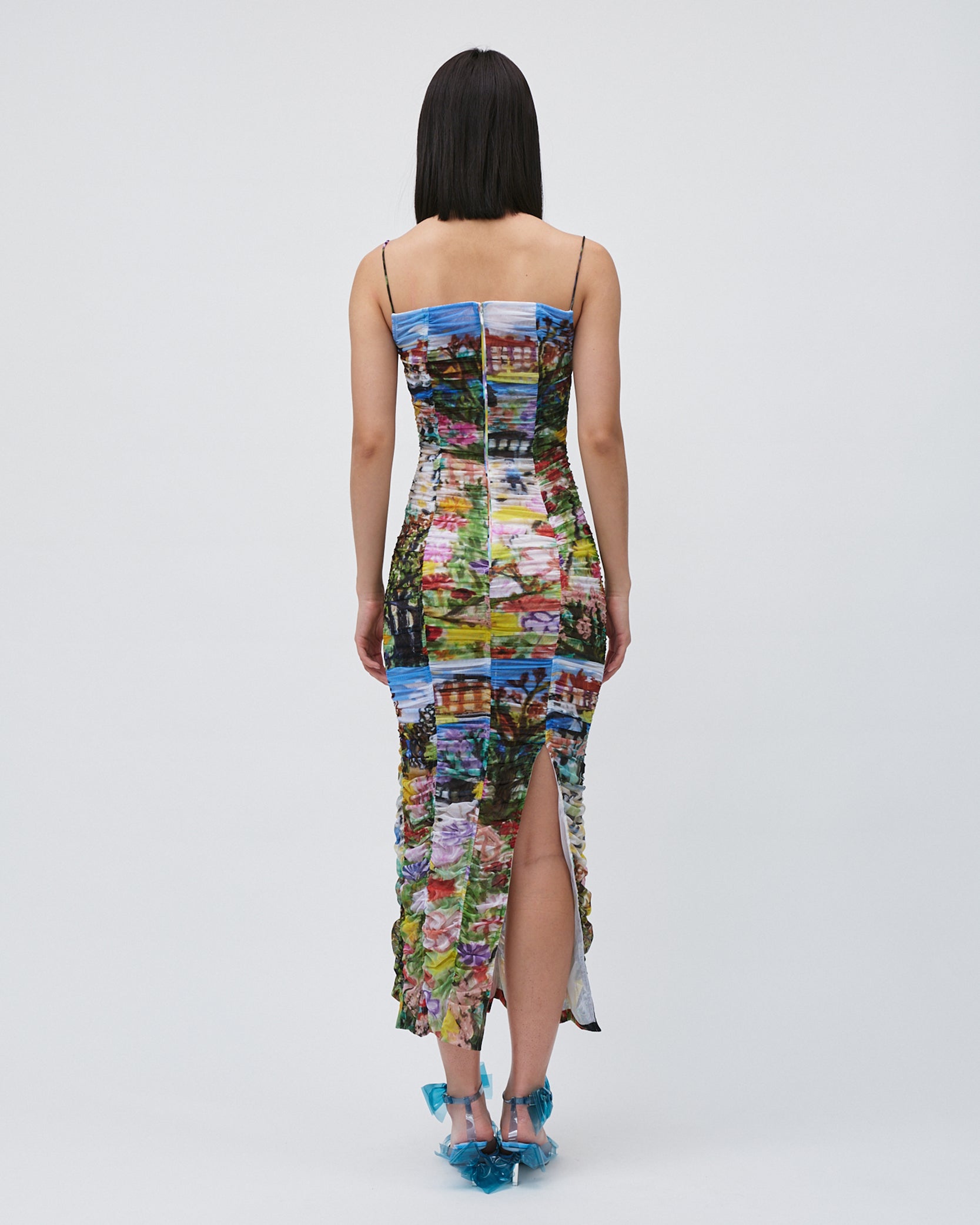 WOMENS SLIT DRESS PRINTED FLORAL GATHERING DRESS WITH FRONT AND BACK SLITS