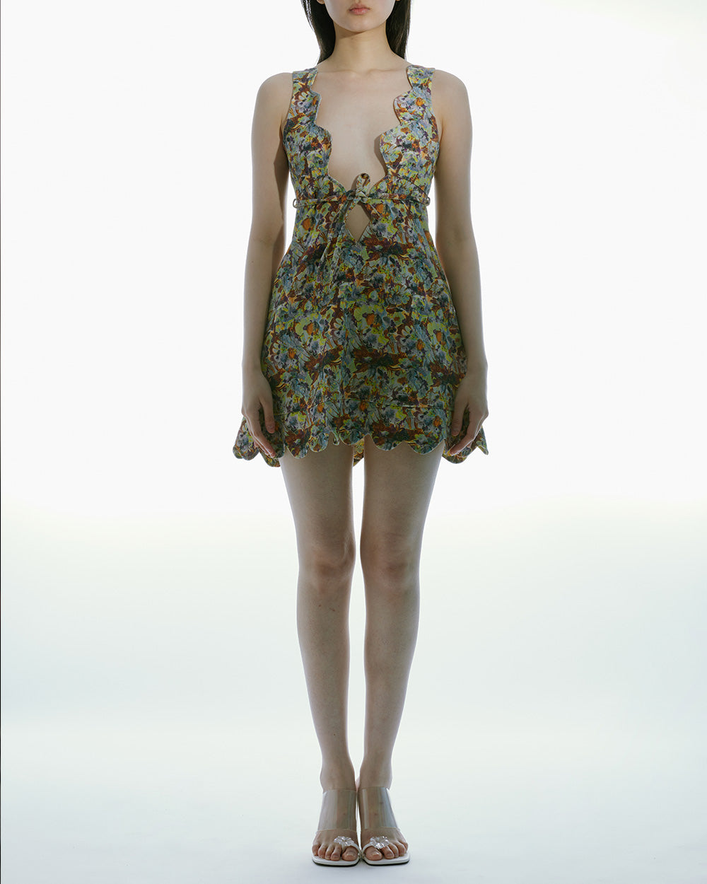 WOMEN SHORT MINI SCALLOP NECKLINE MINI DRESS