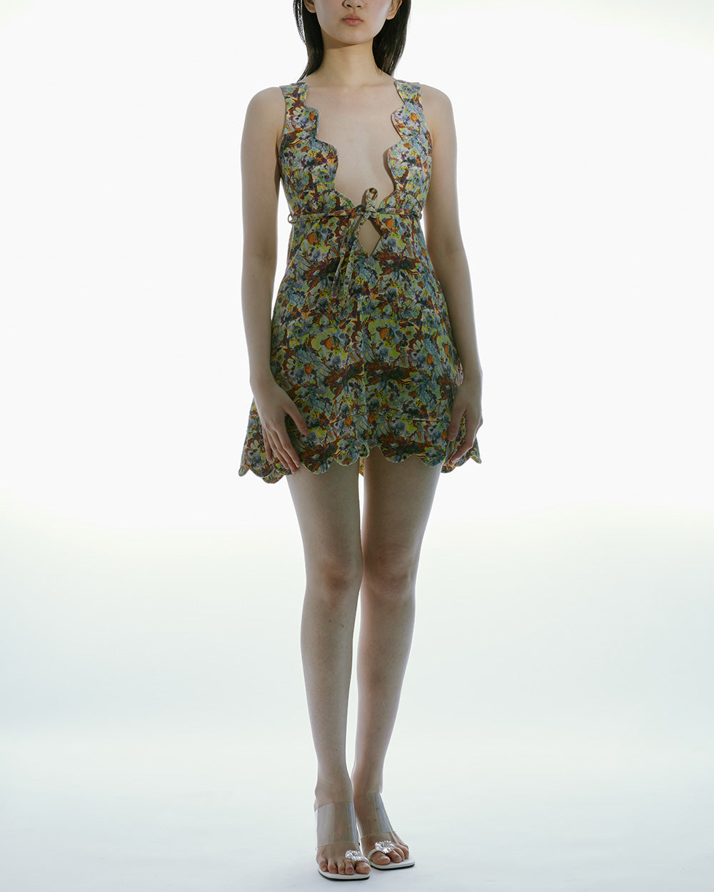 WOMEN SHORT MINI SCALLOP NECKLINE MINI DRESS