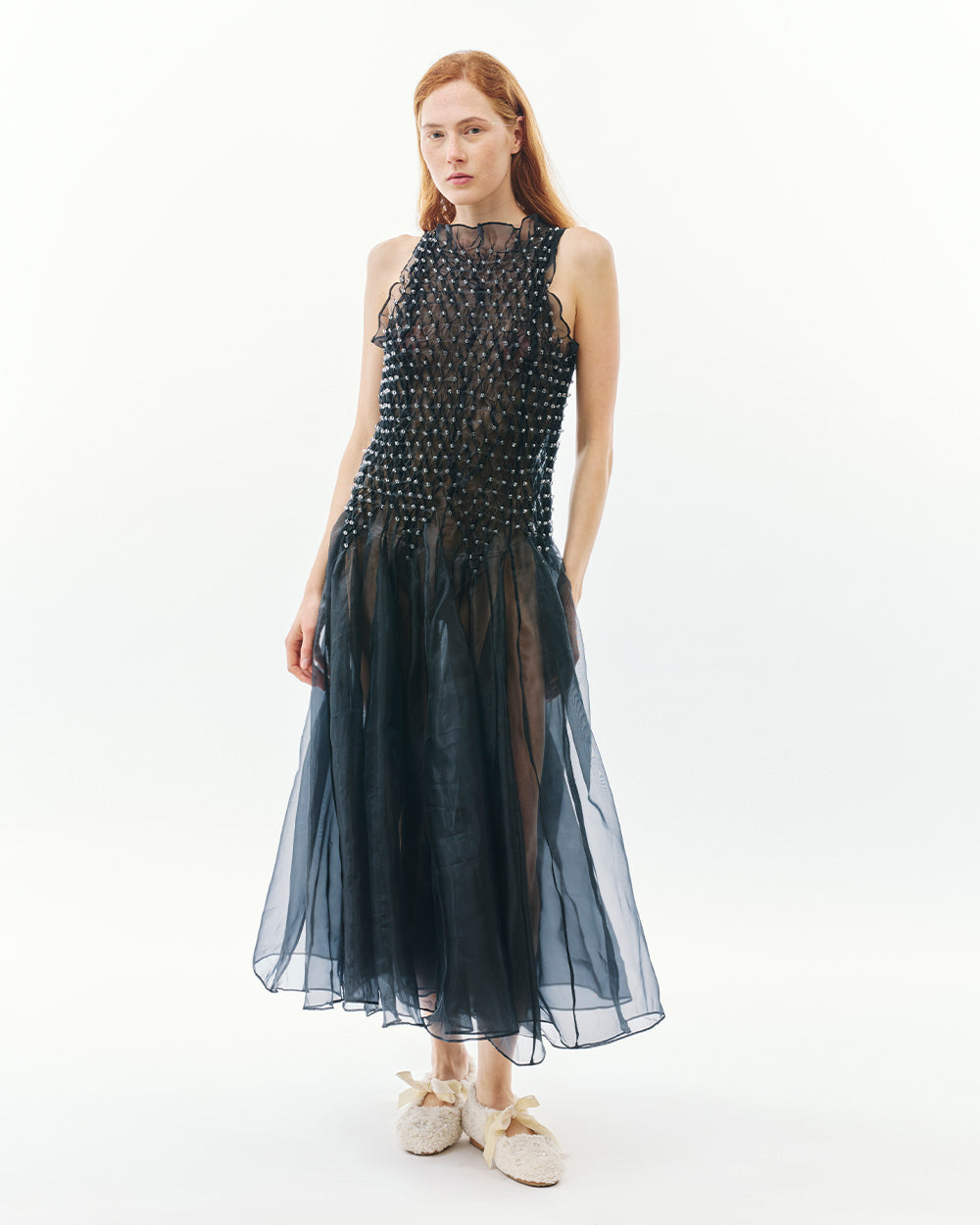 SHEER BUBBLE SMOCKED DRESS