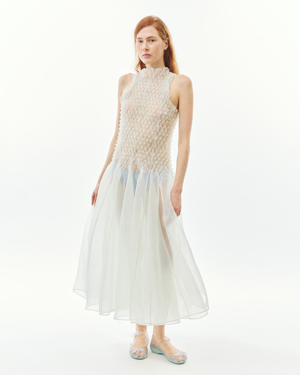 SHEER BUBBLE SMOCKED DRESS