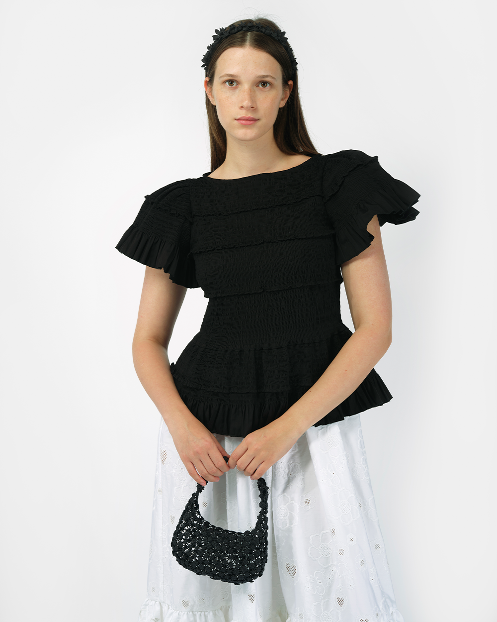 BLACK WOMEN LADY SMOCKED SHORT SLEEVE PEPLUM BLOUSE TOP