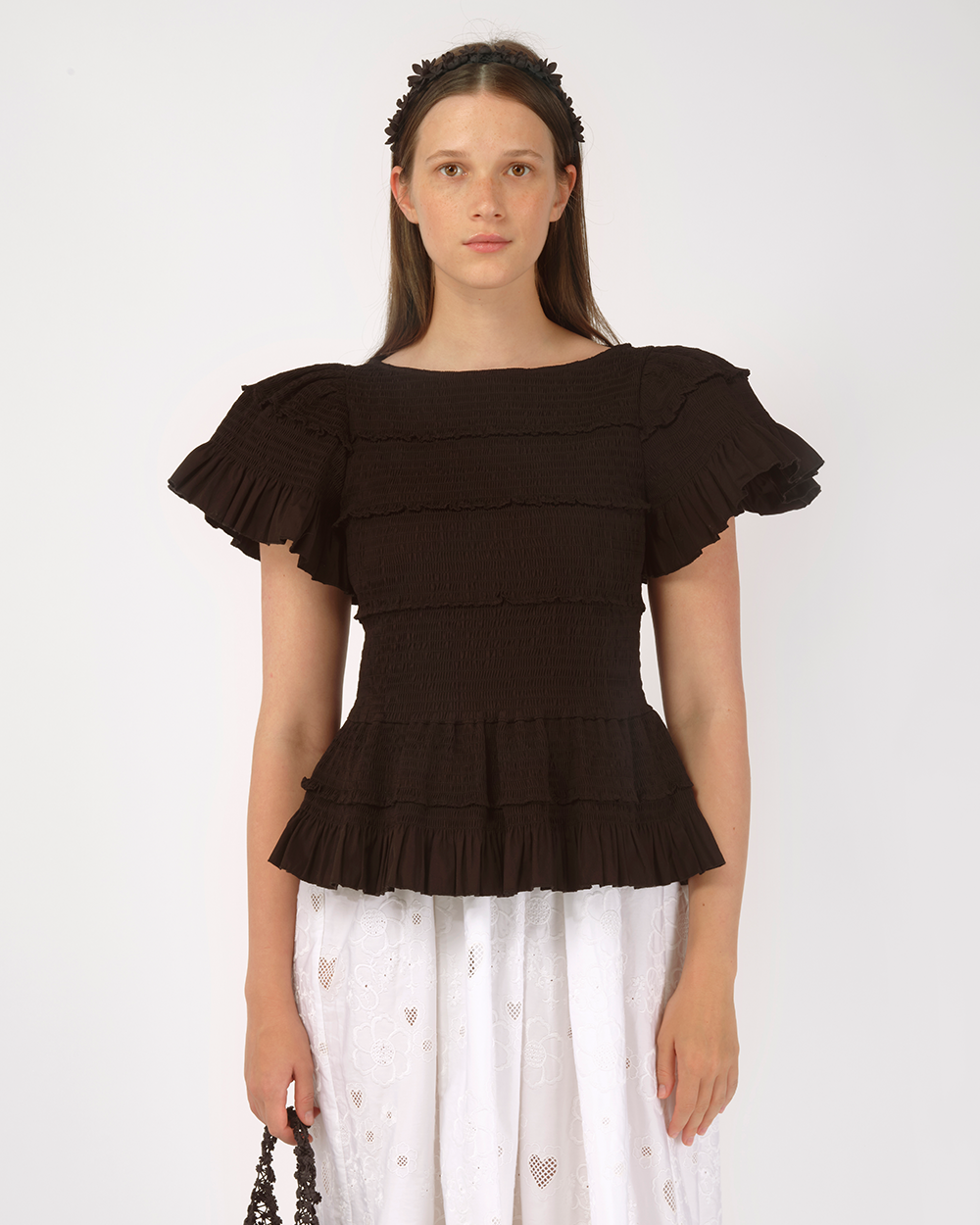 BLACK WOMEN LADY SMOCKED SHORT SLEEVE PEPLUM BLOUSE TOP