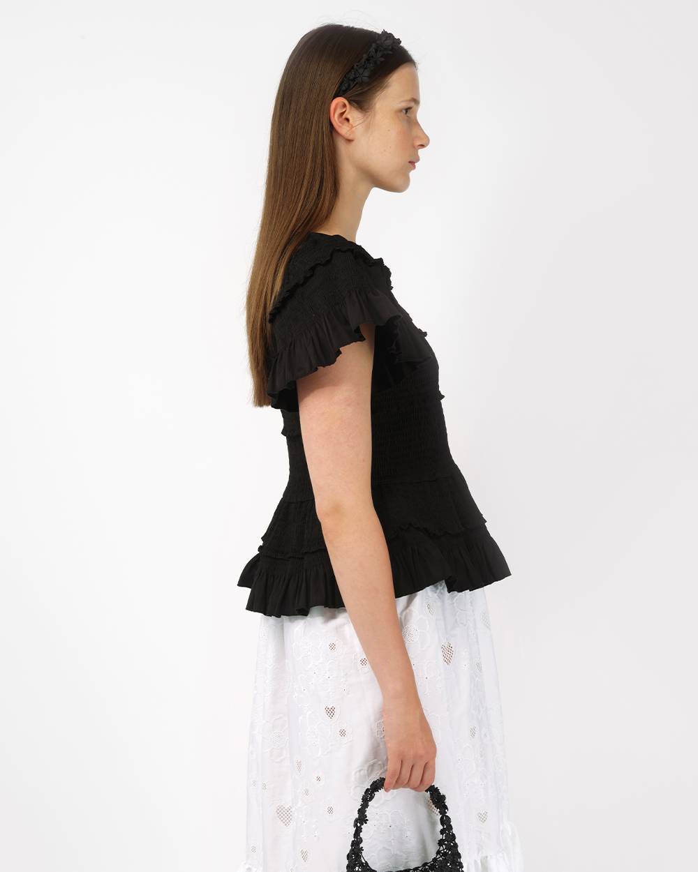 BLACK WOMEN LADY SMOCKED SHORT SLEEVE PEPLUM BLOUSE TOP
