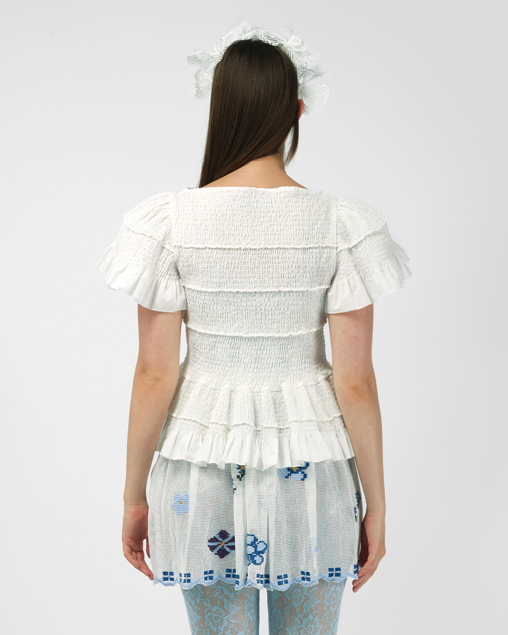 WHITE WOMEN LADY SMOCKED SHORT SLEEVE PEPLUM BLOUSE TOP