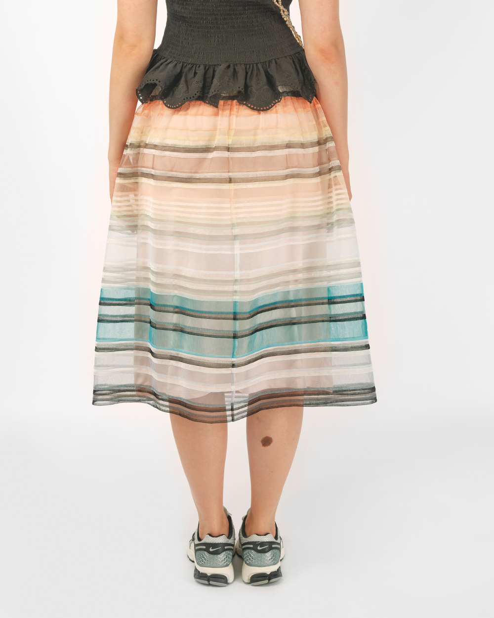 WOMEN GREEN AND ORANGE STRIPED SMOCKED MIDI LONG TULLE SKIRT