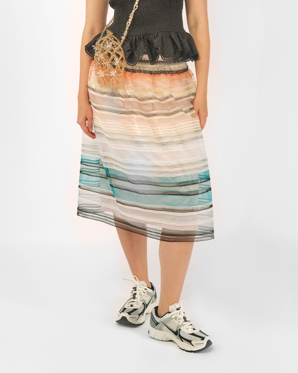 WOMEN GREEN AND ORANGE STRIPED SMOCKED MIDI LONG TULLE SKIRT