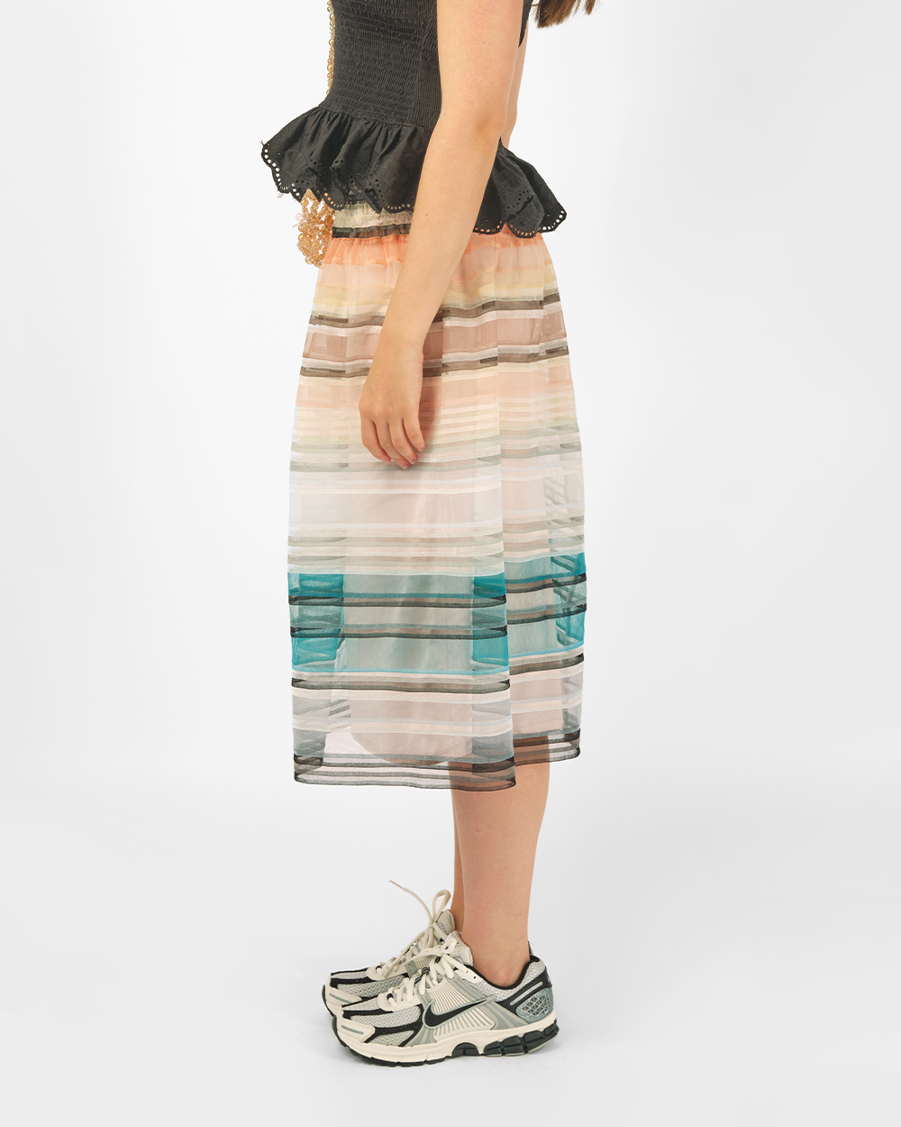 WOMEN GREEN AND ORANGE STRIPED SMOCKED MIDI LONG TULLE SKIRT