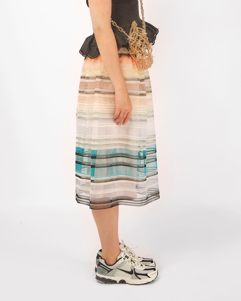 WOMEN GREEN AND ORANGE STRIPED SMOCKED MIDI LONG TULLE SKIRT