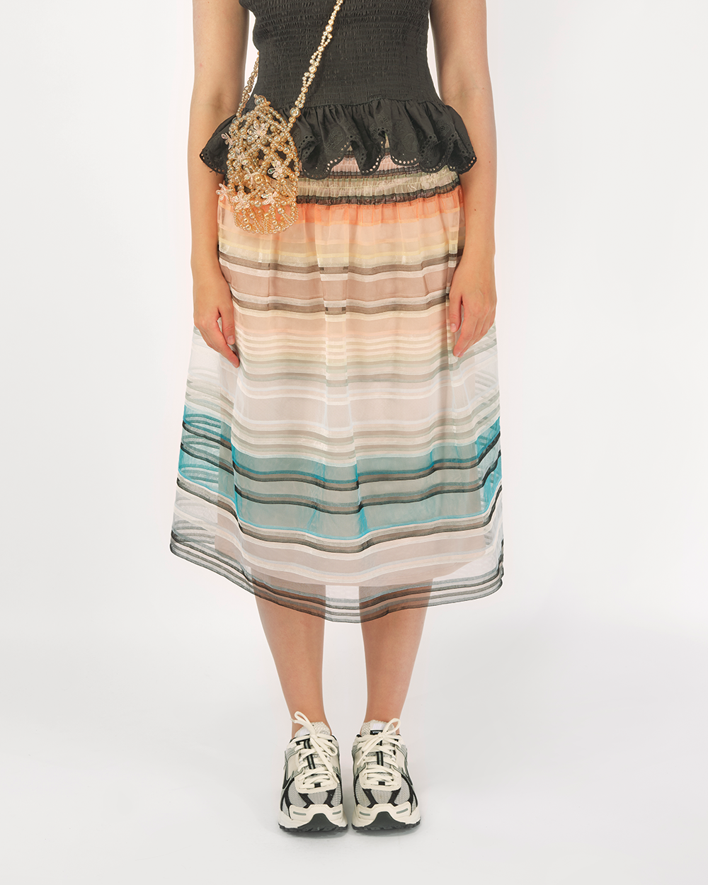 WOMEN GREEN AND ORANGE STRIPED SMOCKED MIDI LONG TULLE SKIRT