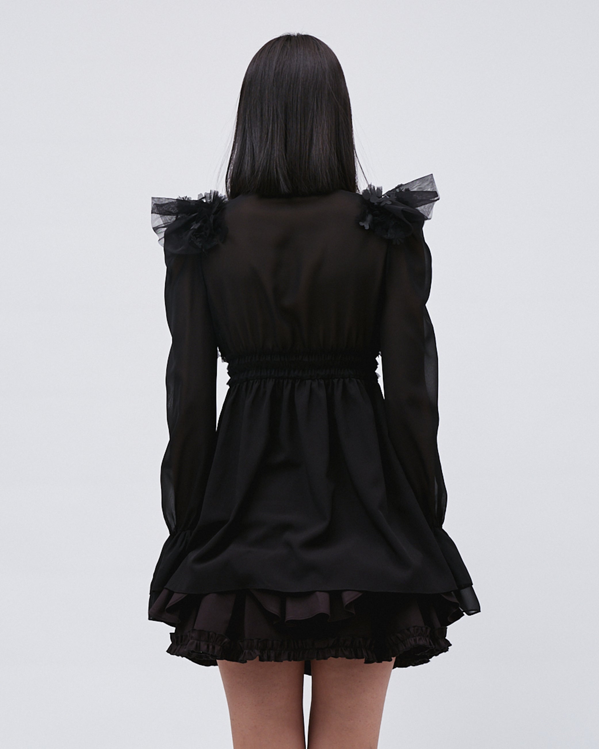 WOMENS SHIRT DRESS LONG SLEEVE DRESS TOP WITH SMOCKING AND LASER CUT FLOWERS, RUFFLES AT SHOULDERS AND CUFFS AND FRONT BUTTON BLACK