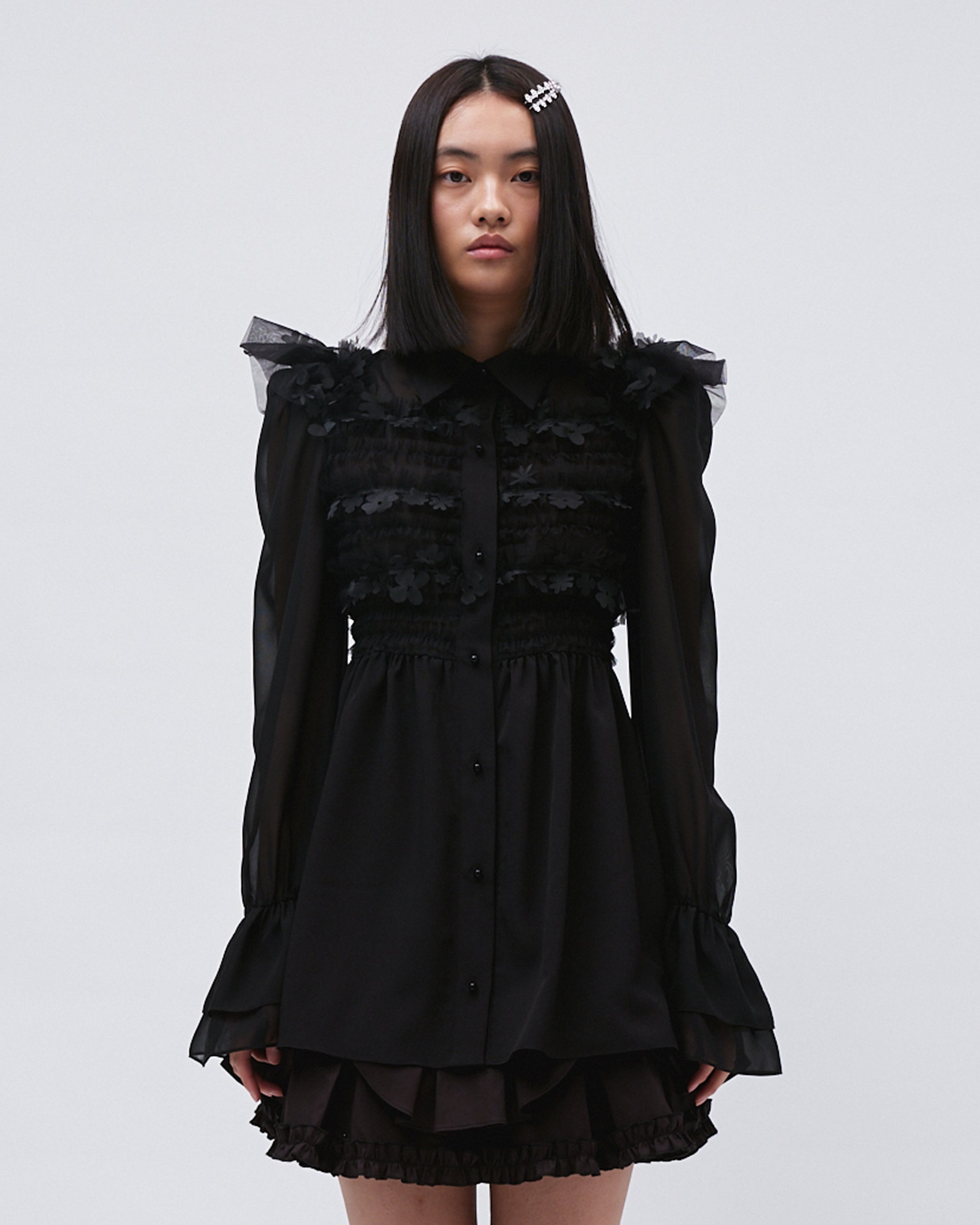 WOMENS SHIRT DRESS LONG SLEEVE DRESS TOP WITH SMOCKING AND LASER CUT FLOWERS, RUFFLES AT SHOULDERS AND CUFFS AND FRONT BUTTON BLACK