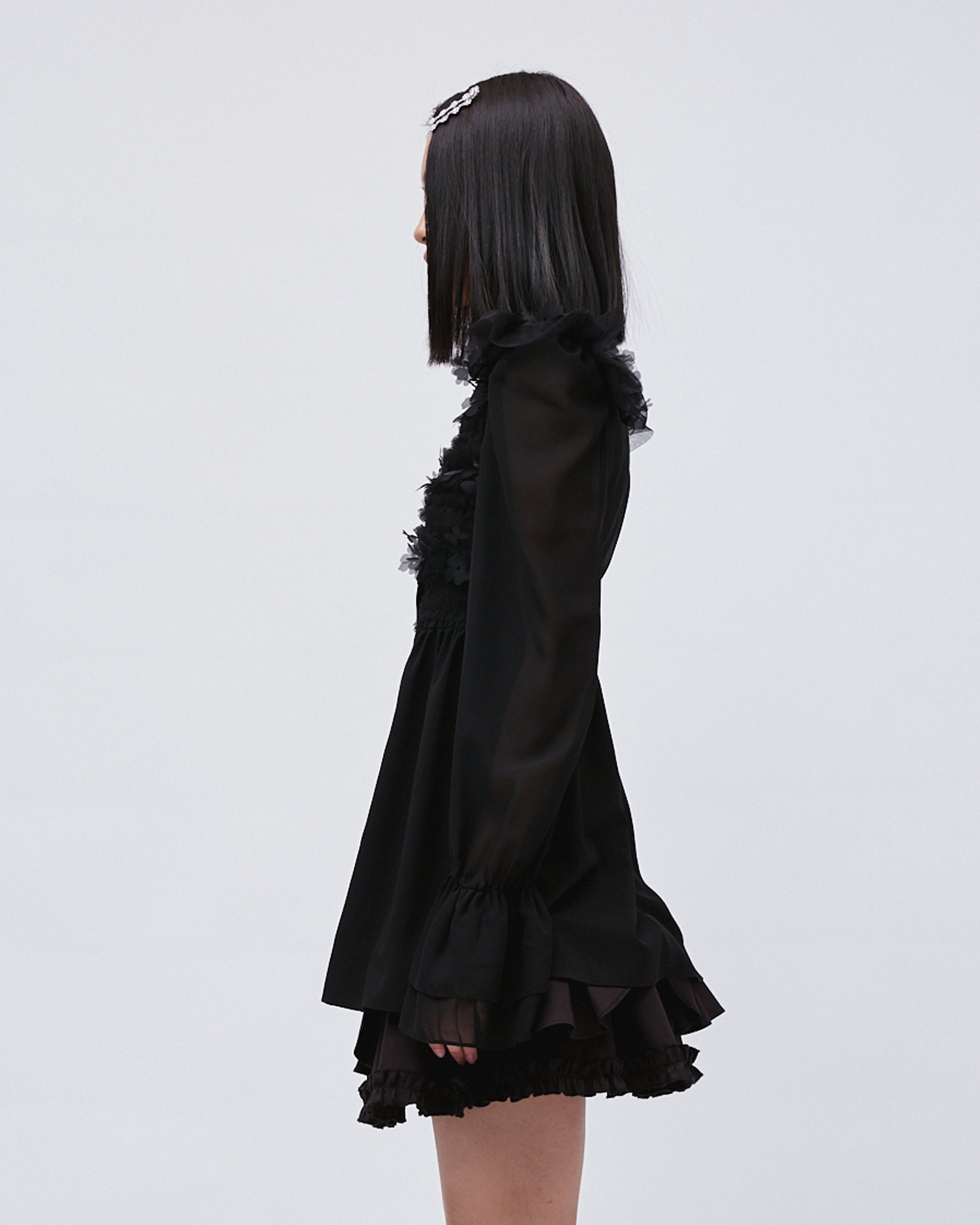 WOMENS SHIRT DRESS LONG SLEEVE DRESS TOP WITH SMOCKING AND LASER CUT FLOWERS, RUFFLES AT SHOULDERS AND CUFFS AND FRONT BUTTON BLACK