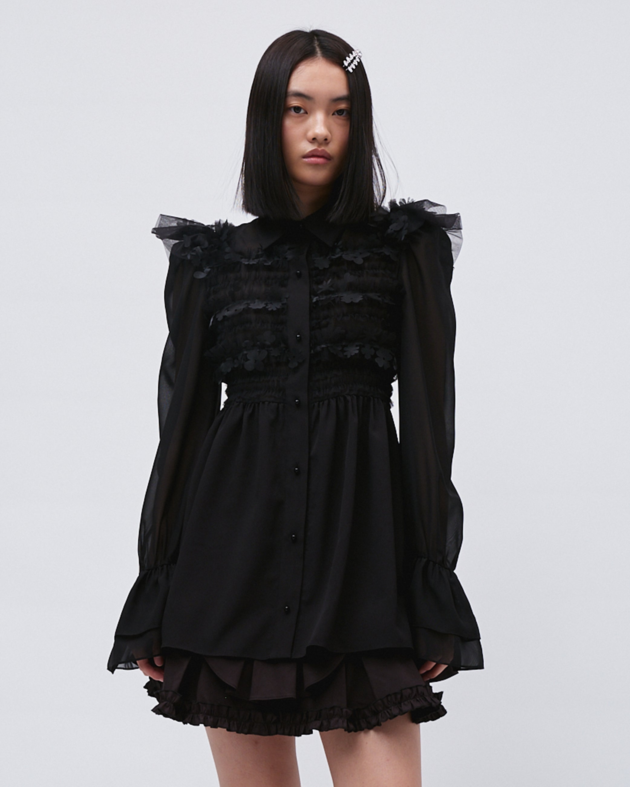 WOMENS SHIRT DRESS LONG SLEEVE DRESS TOP WITH SMOCKING AND LASER CUT FLOWERS, RUFFLES AT SHOULDERS AND CUFFS AND FRONT BUTTON BLACK