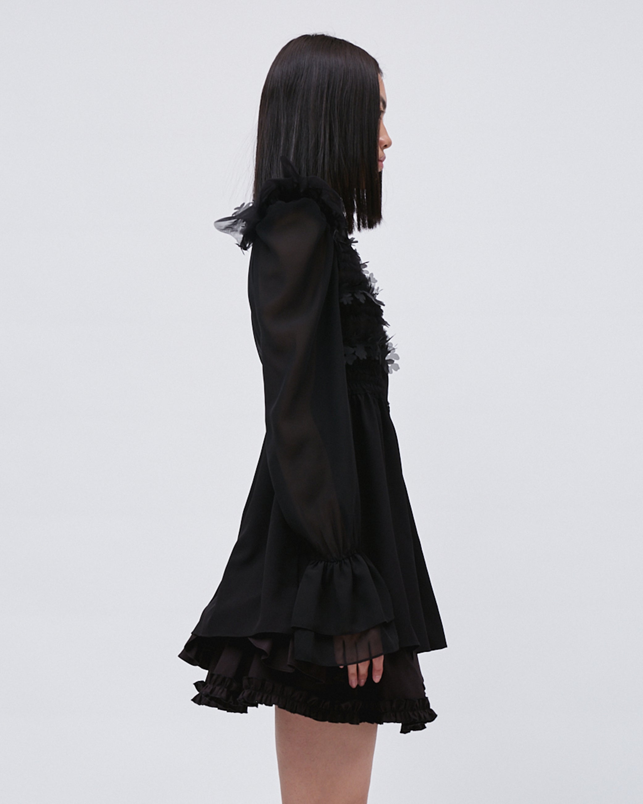WOMENS SHIRT DRESS LONG SLEEVE DRESS TOP WITH SMOCKING AND LASER CUT FLOWERS, RUFFLES AT SHOULDERS AND CUFFS AND FRONT BUTTON BLACK