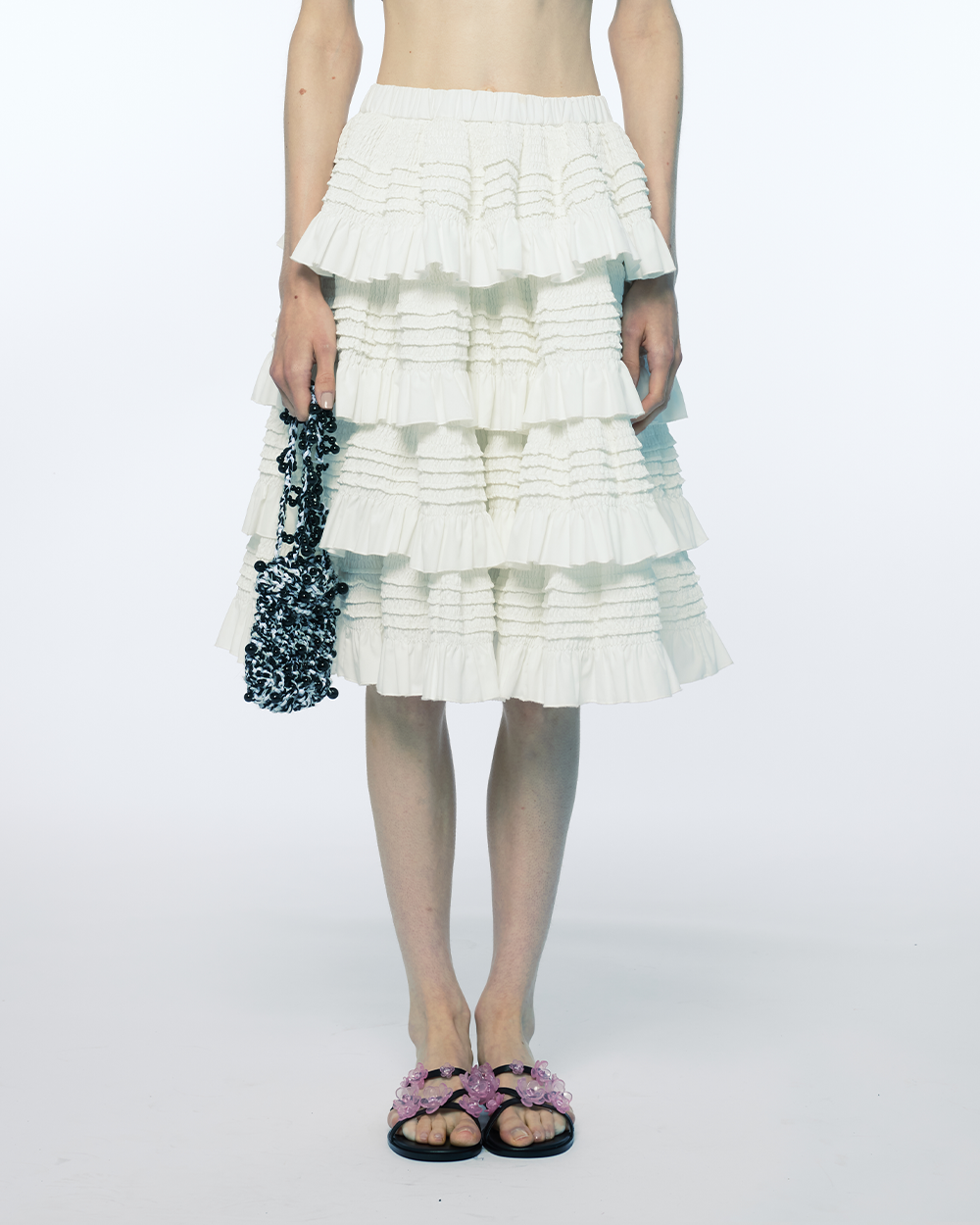 WHITE TIERED RUFFLE MIDI LENGTH WOMEN SKIRT