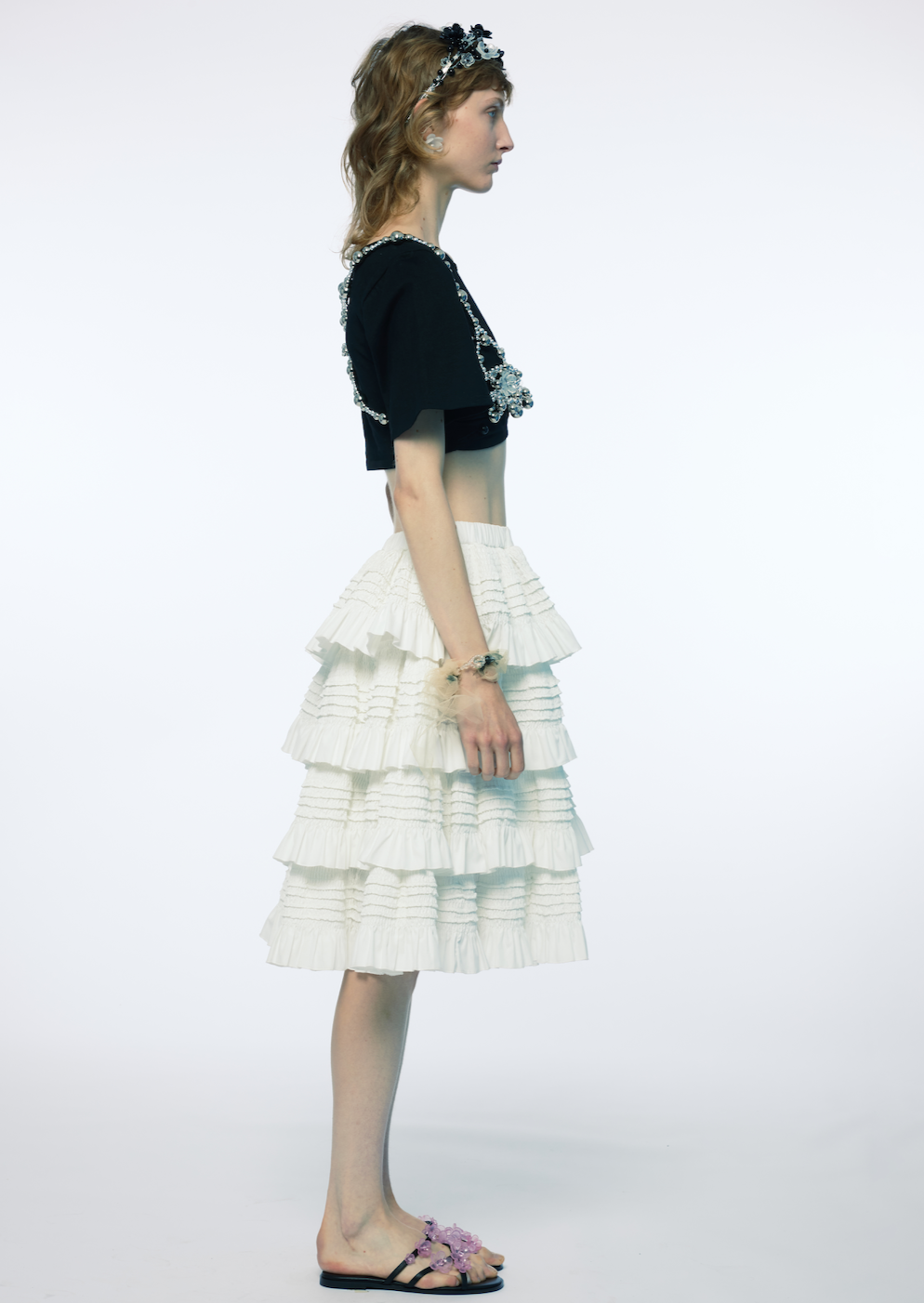 WHITE TIERED RUFFLE MIDI LENGTH WOMEN SKIRT