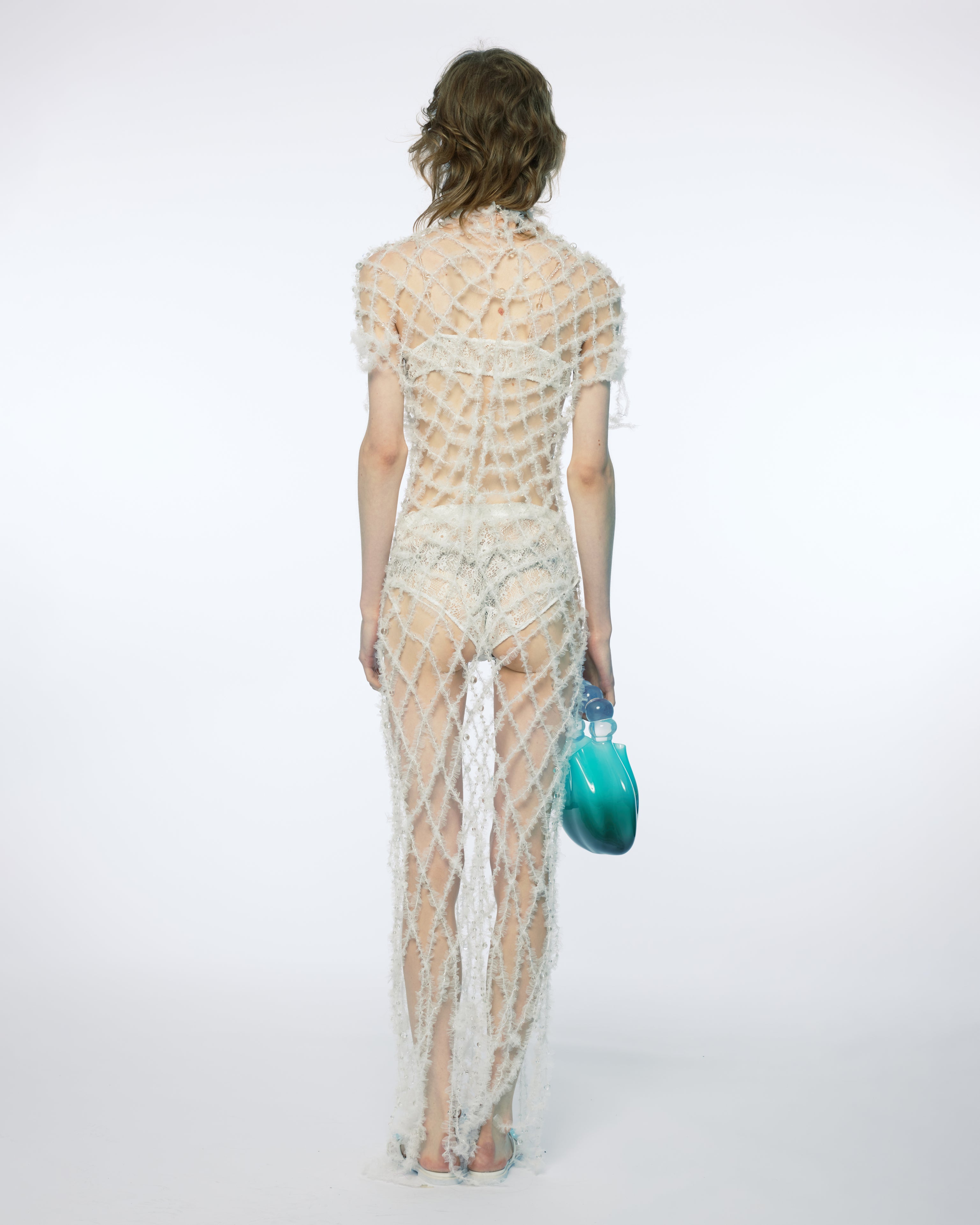 TULLE CROCHET CRYSTAL BEADS BEADED SHEER MAXI LONG WOMEN DRESS