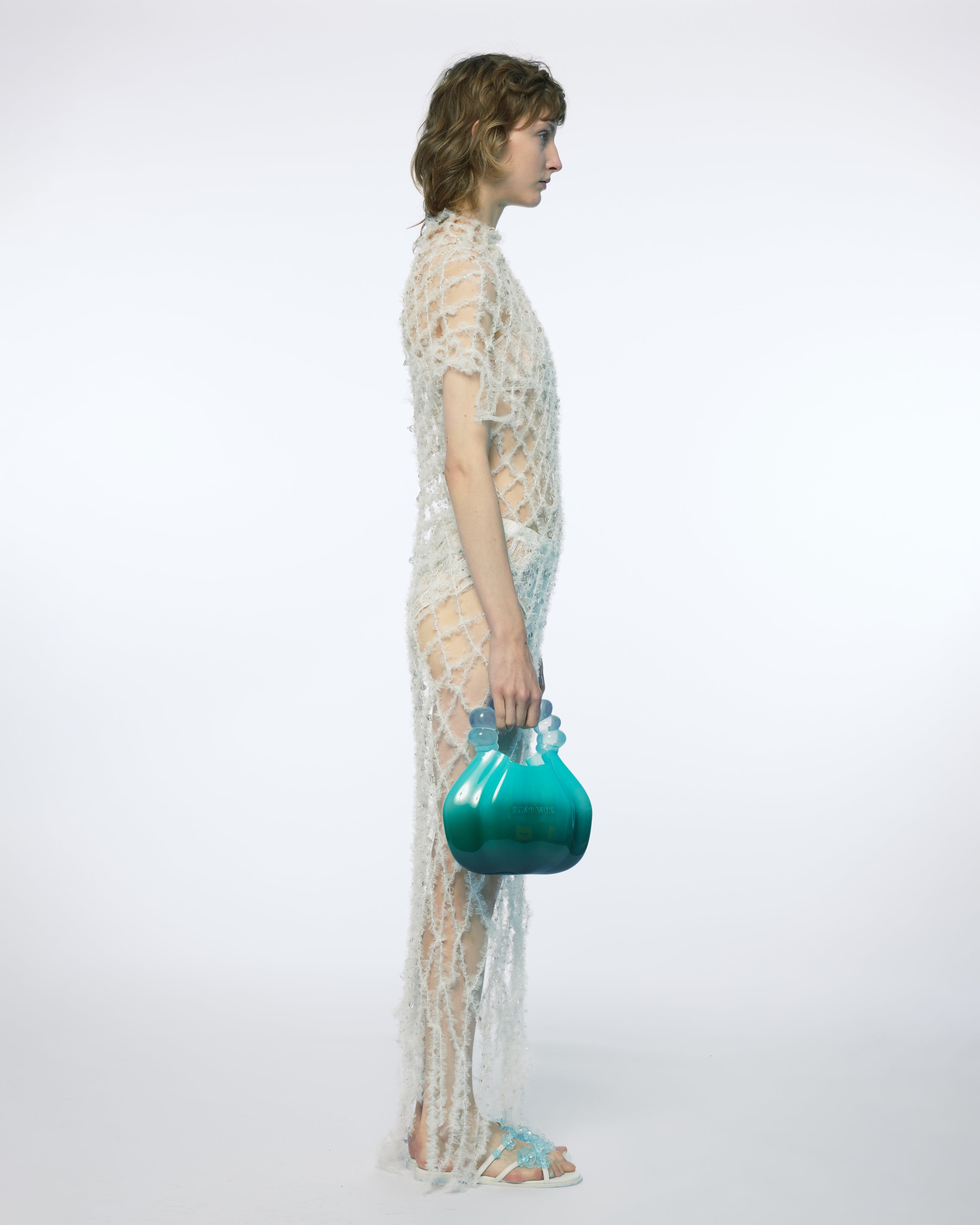 TULLE CROCHET CRYSTAL BEADS BEADED SHEER MAXI LONG WOMEN DRESS